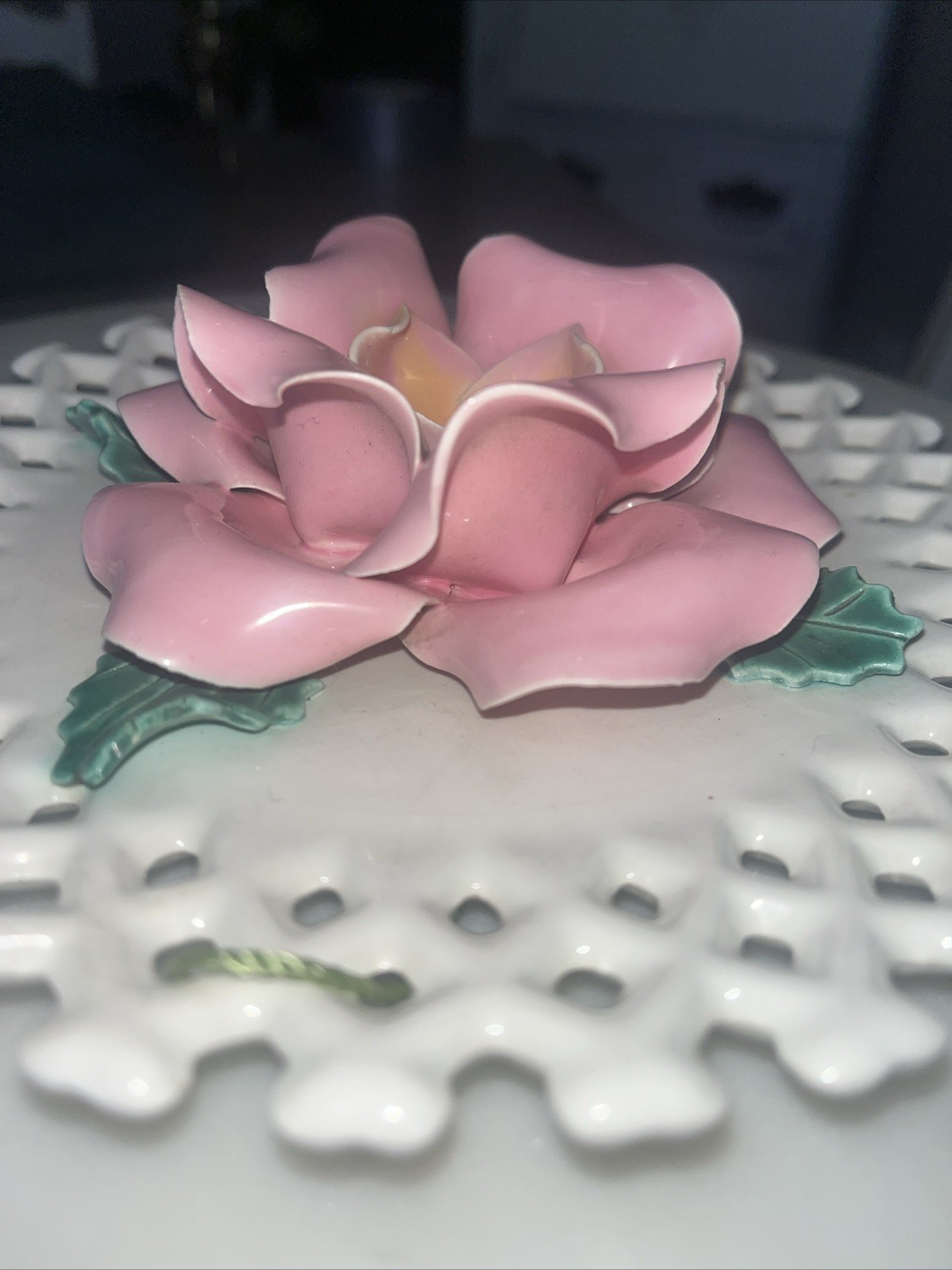 Capodimonte Porcelain Rose on Lattice Plate 8” Wall Decor Made in California USA