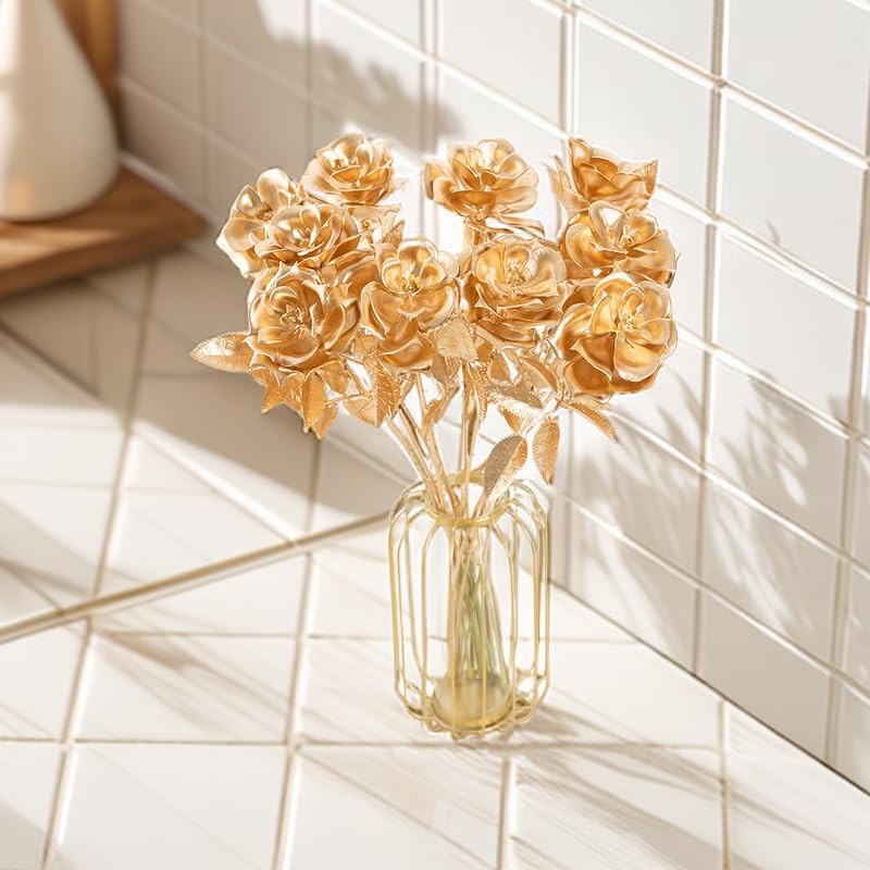 5 Pcs Artificial Golden Roses Flowers 20 Inches Artificial Rose Fake Rose Flo…