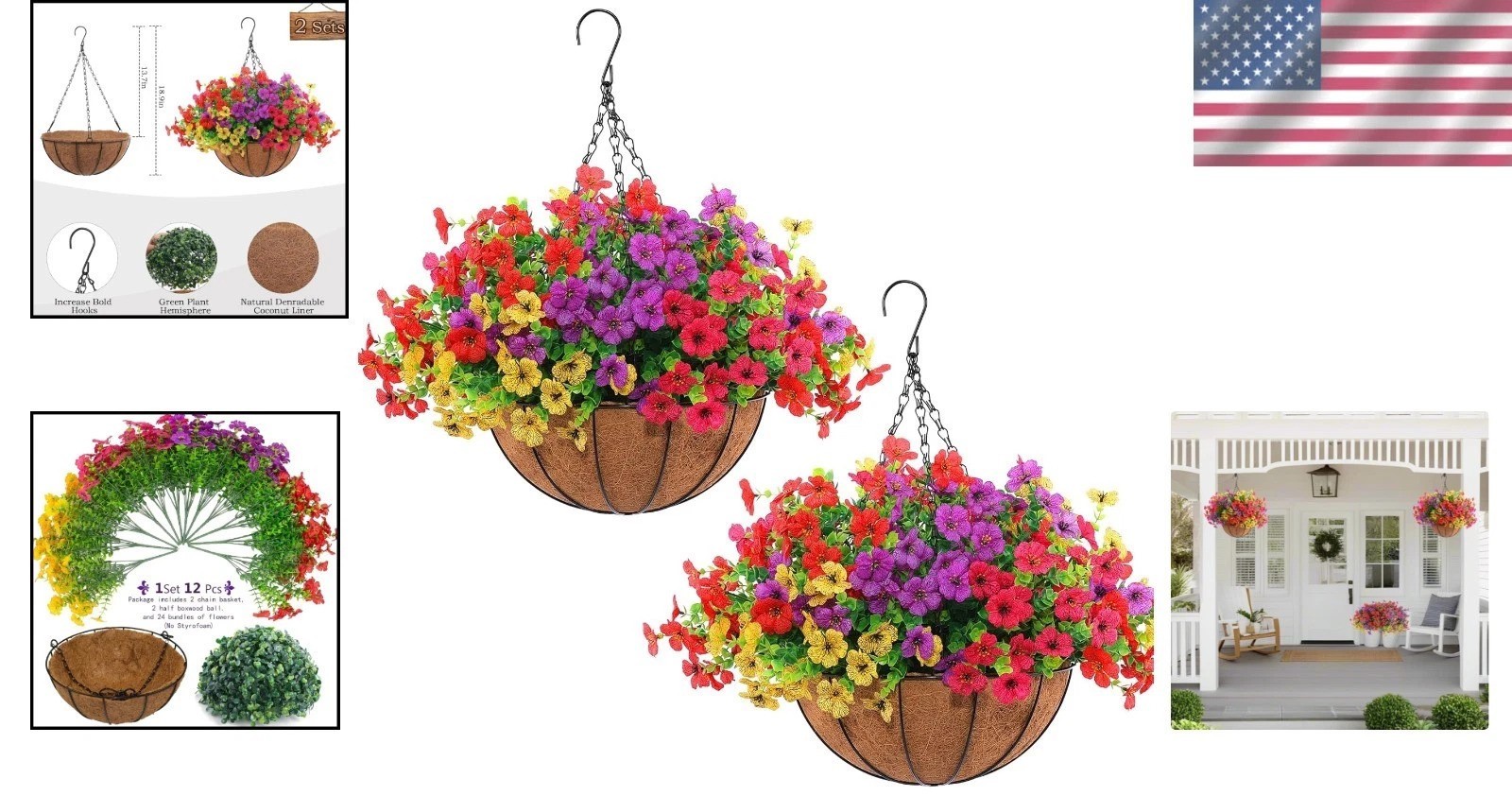 2 Set UV Resistant Artificial Flowers with Hanging Baskets for -Round Charm