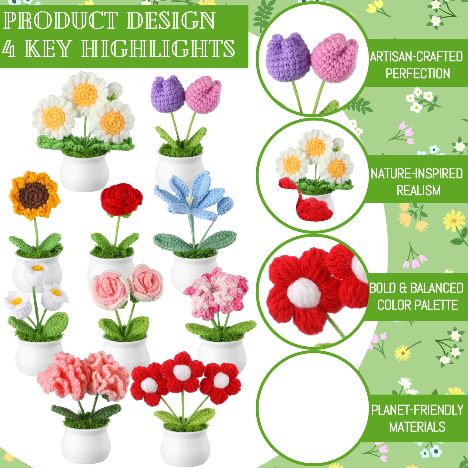 10 Pcs Crochet Flowers Bouquet Bulk Thank You Gifts Handmade Knitted Mini Flo…