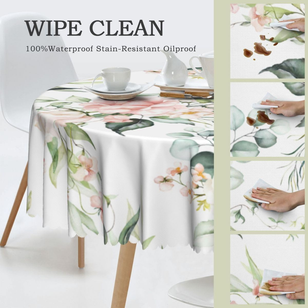 Eucalyptus Leaves Floral Table Cloths, Rustic Watercolor Pink Flower Leaves Sage
