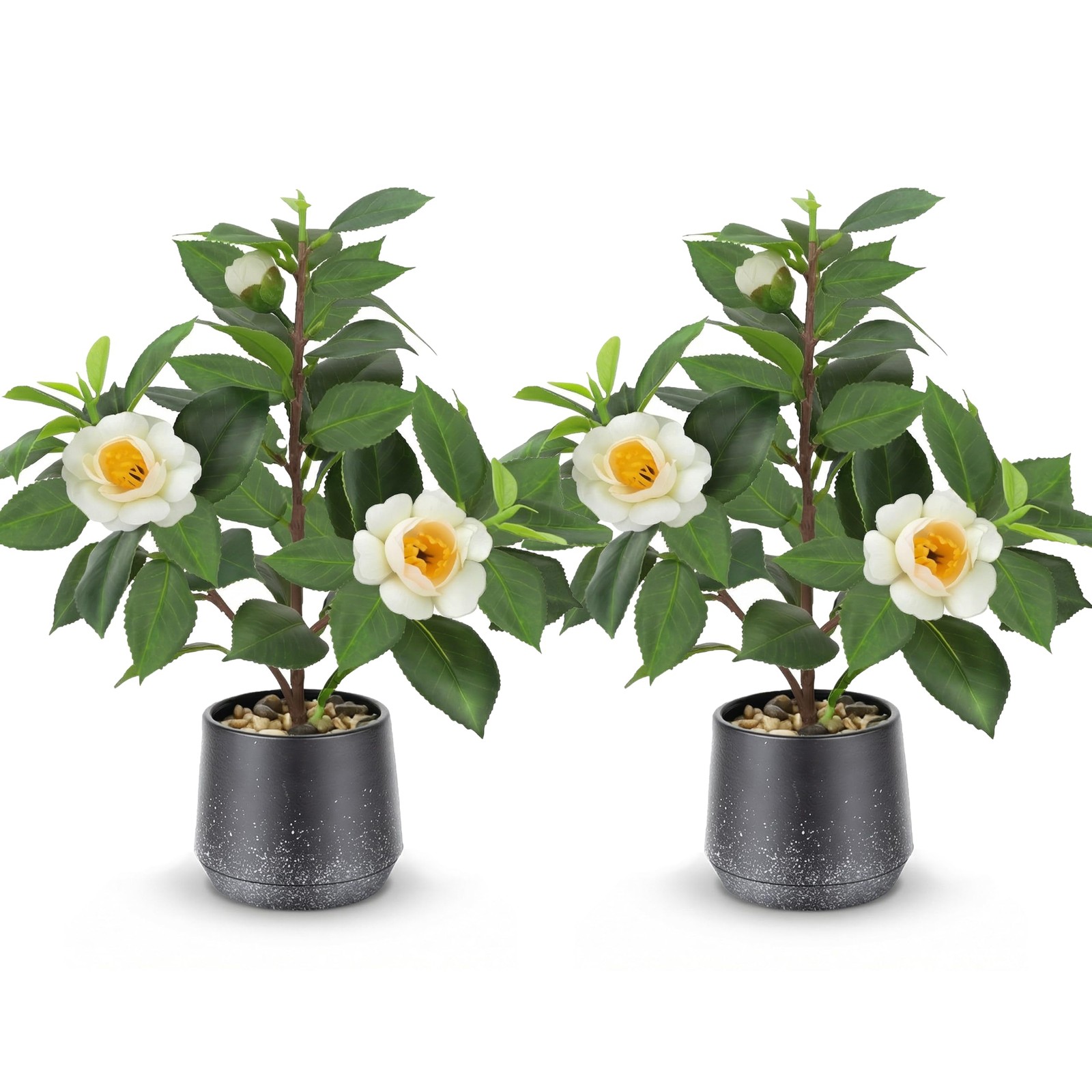 2 PCS 12 Inch Artificial Small Camellia Flowers Tree Potted Fake Plants Bonsai