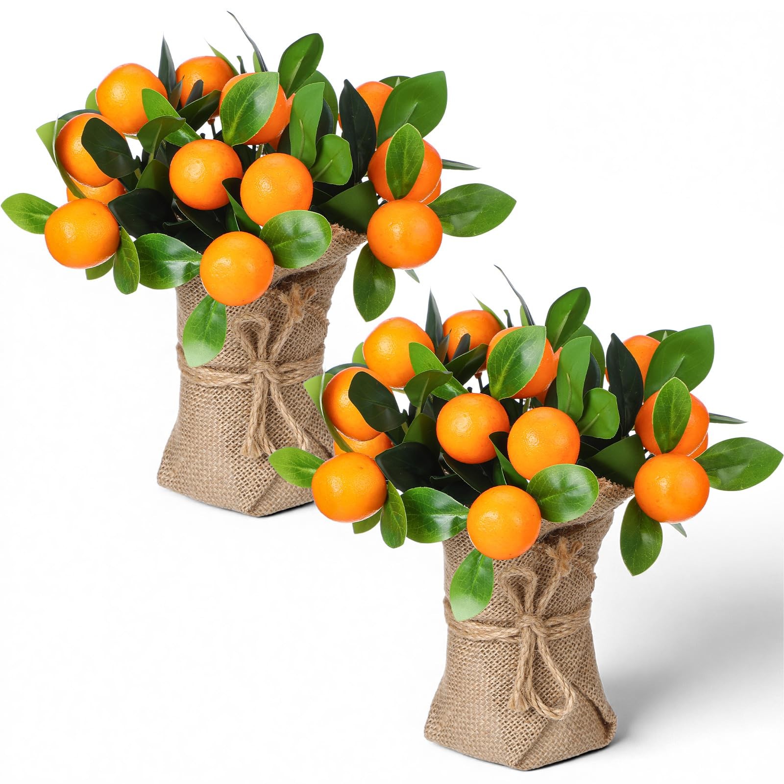 2 PK Artificial Orange Potted Plants 9.45 Inch Fake Tree Realistic Fruit Pot