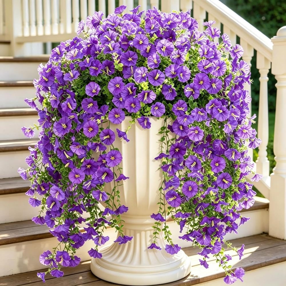 4Pcs Artificial Hanging Flowers for Outdoor Fake Morning Glory Purple | Realisti