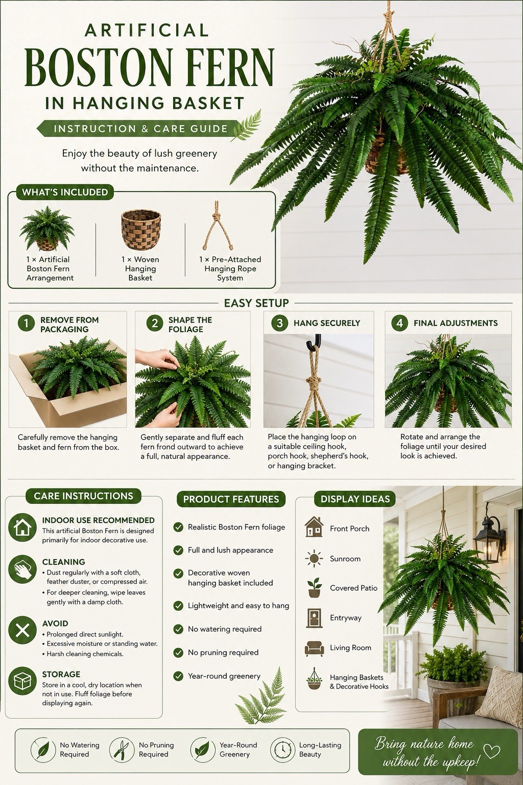 32” Artificial Large Boston Fern Plant In Hanging Basket Home Decor. Retail $99