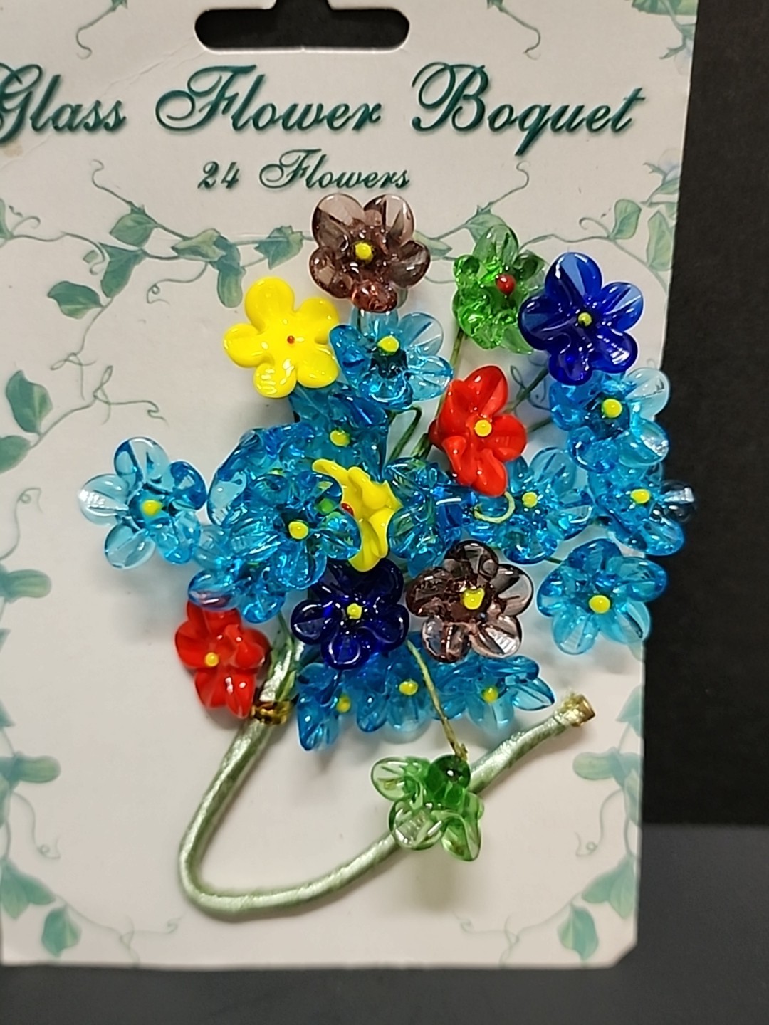 24 Mini Glass Flowers Wire Stem Bouquet Red Blue Yellow Green Purple NOS Lot 3