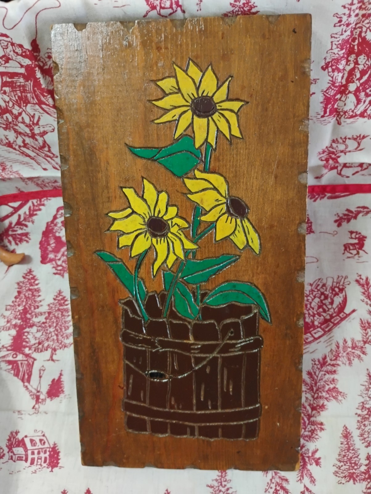 Vintage Carved Painted 3 Sunflowers Bucket Wall Art Primitive Farmhouse Rustic