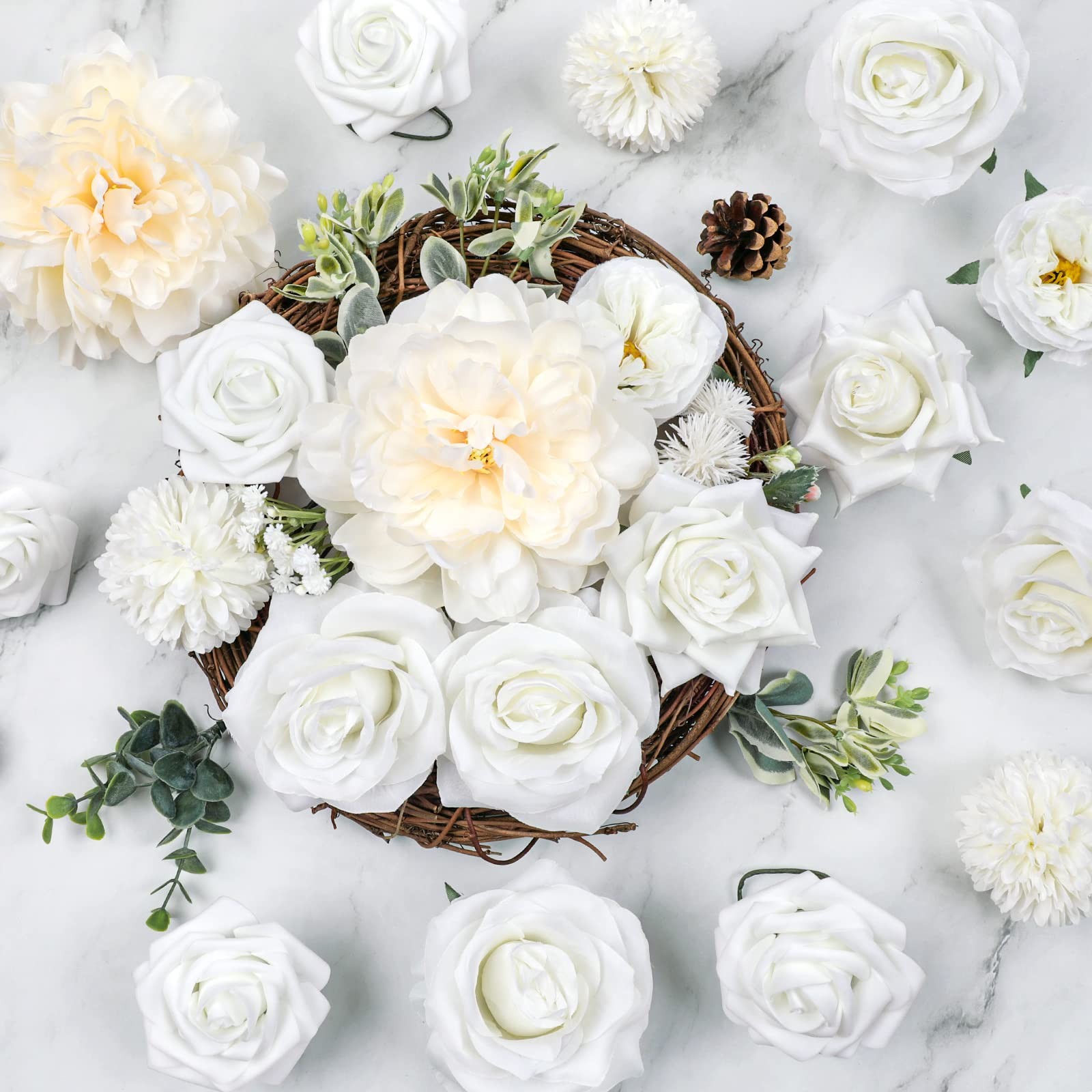 White Artificial Flowers Combo Silk Mix Peony Rose Hydrangea Daisy Fake Flowe…