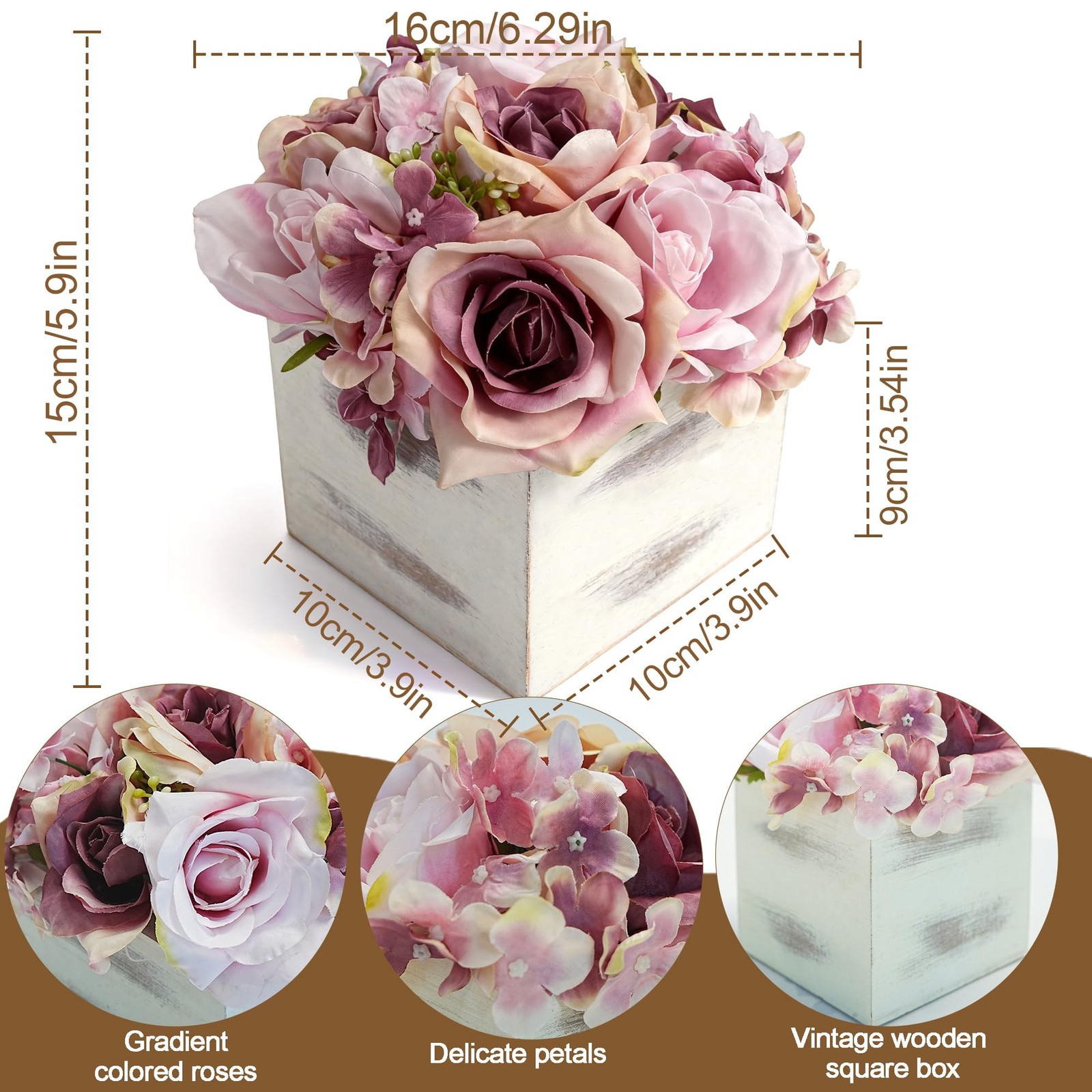 Jahe Aritsan Fake Roses with Wooden Vase, Artificial Flowers in Pot for Home …