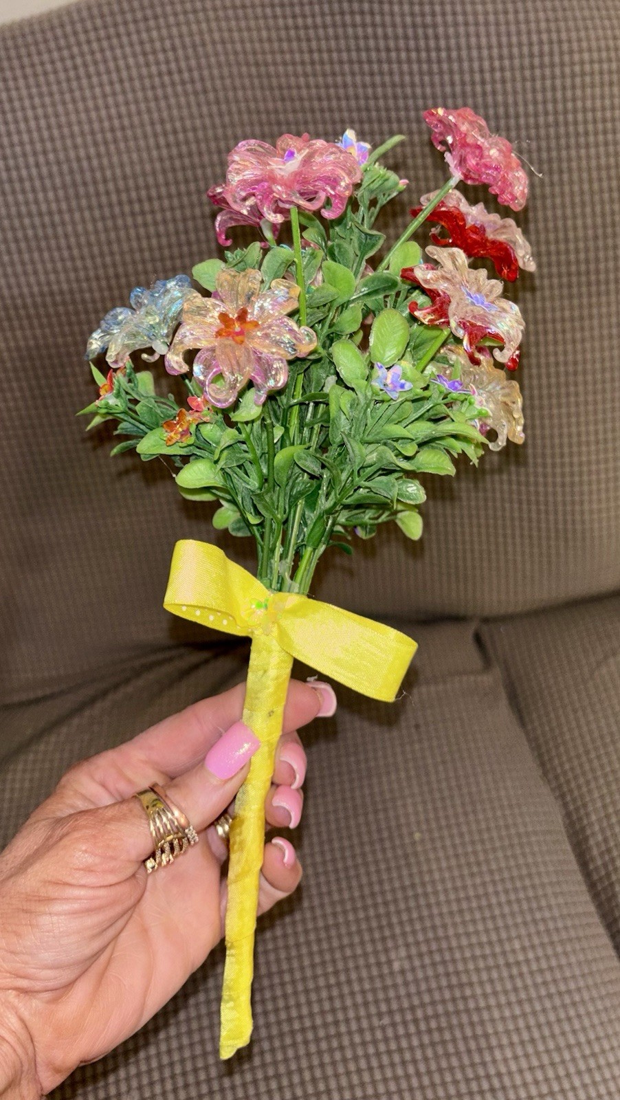 Small Handmade Bouquet Acrylic Iridescent 11” Wrapped In Grosgrain Ribbon OOAK