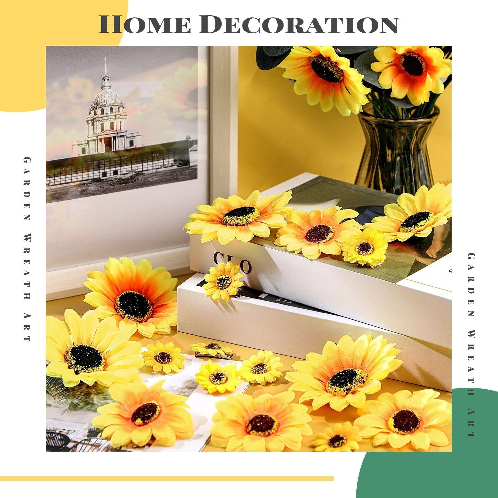 50PCS Clip-On Artificial Sunflowers Faux Silk Yellow Flowers for DIY Crafts