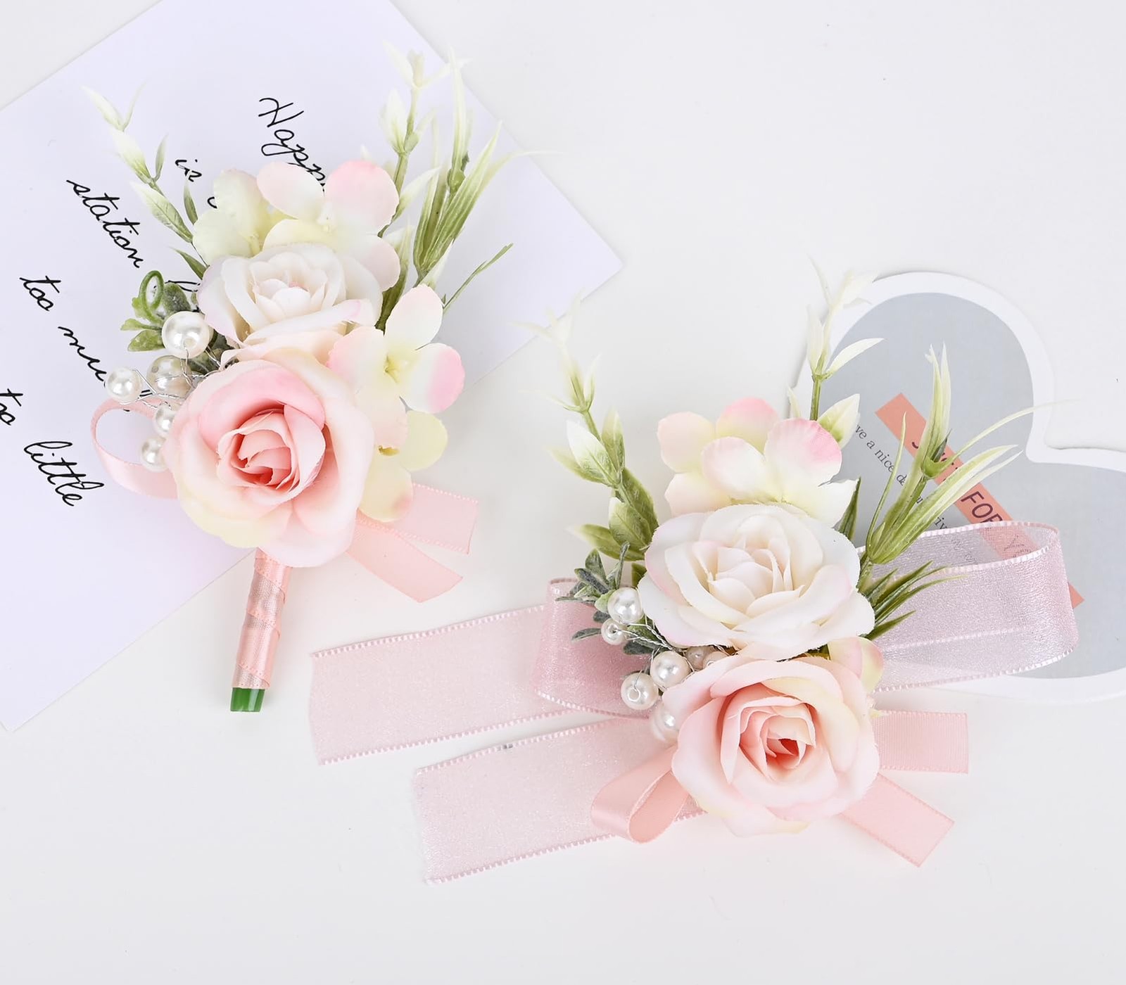 2 PCS Men Pale Pink Boutonniere Corsage Set Artificial Groom Formal Dinner