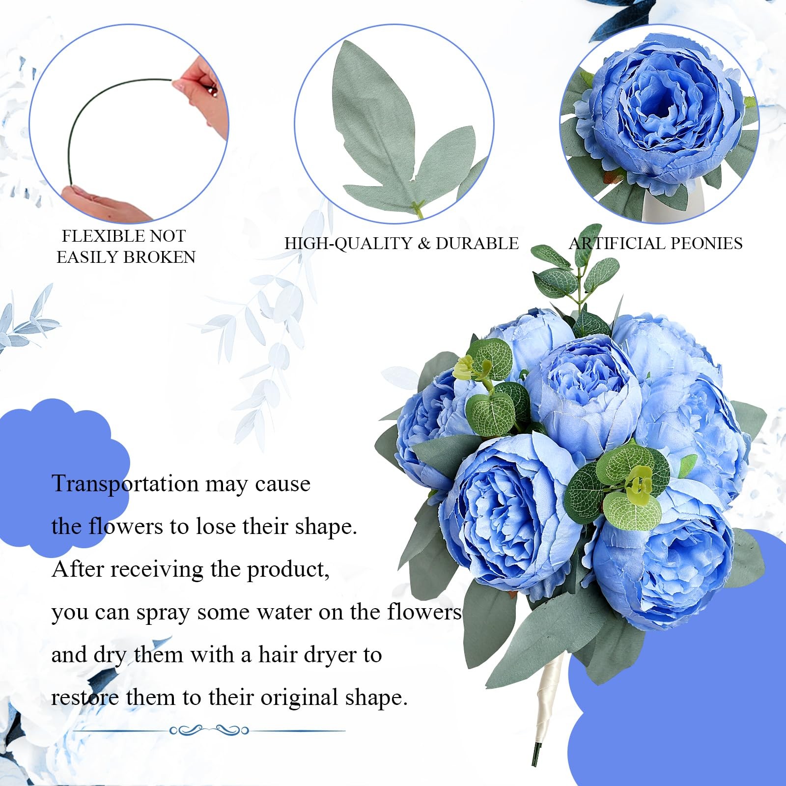 50 PCS Blue Artificial Peonies Fake Silk Flower Heads Table Wedding Decor 4″