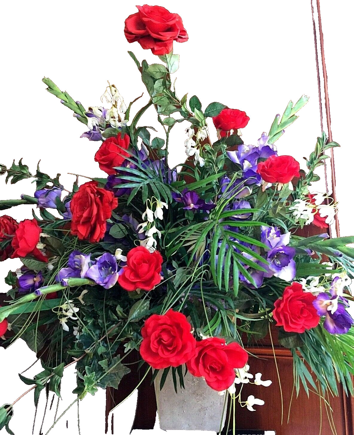 Large Silk Flower Centerpiece – Red Roses, Iris, Green Leaves – 37″x 33″