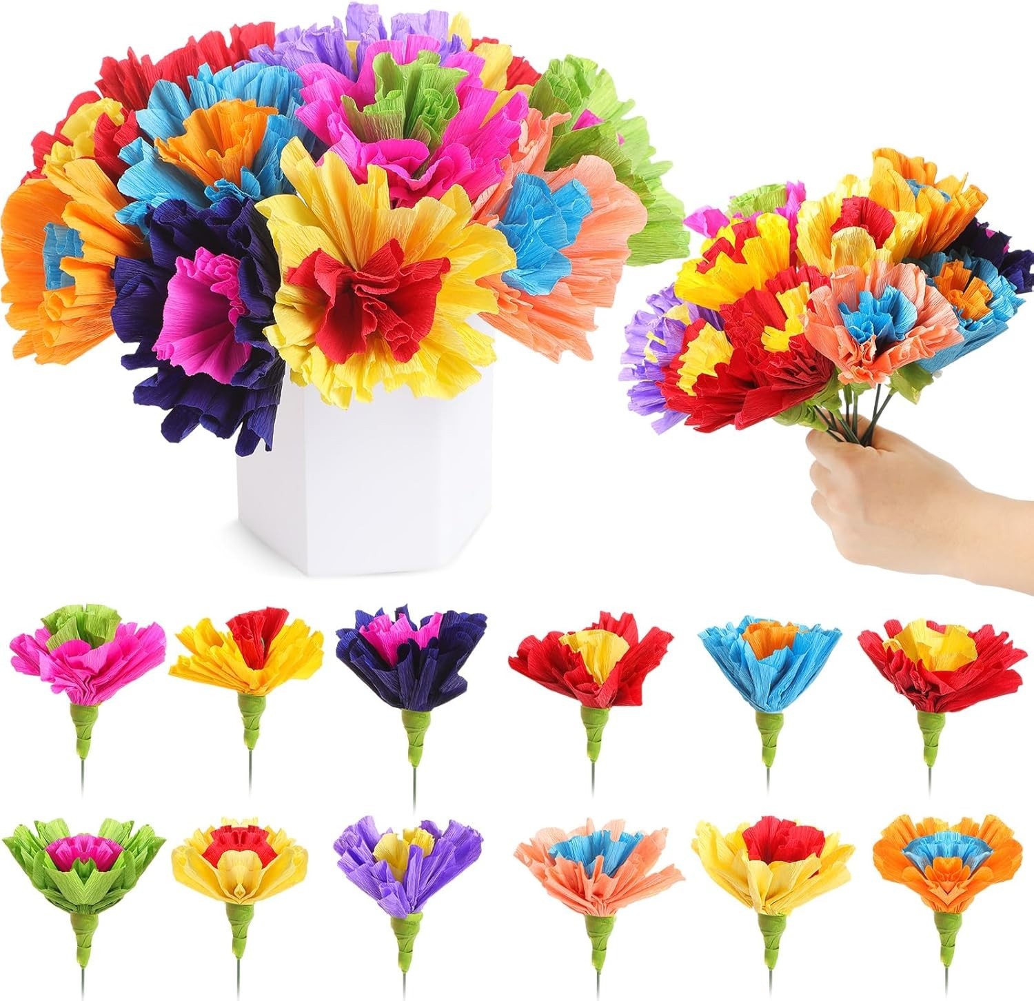 12 Pcs Mexican Artificial Rainbow Crepe Paper Flowers Bunch with Stems Mexica…