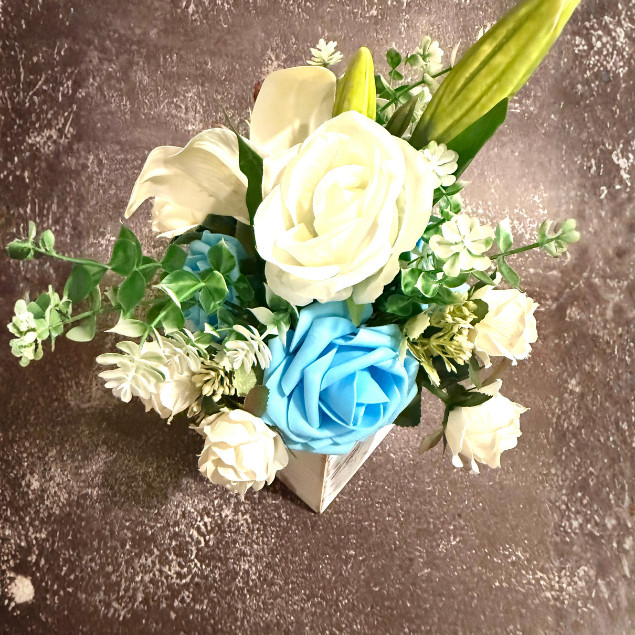 White Lily Blue Rose Centerpiece Faux Floral Arrangement Wooden Box Home Decor