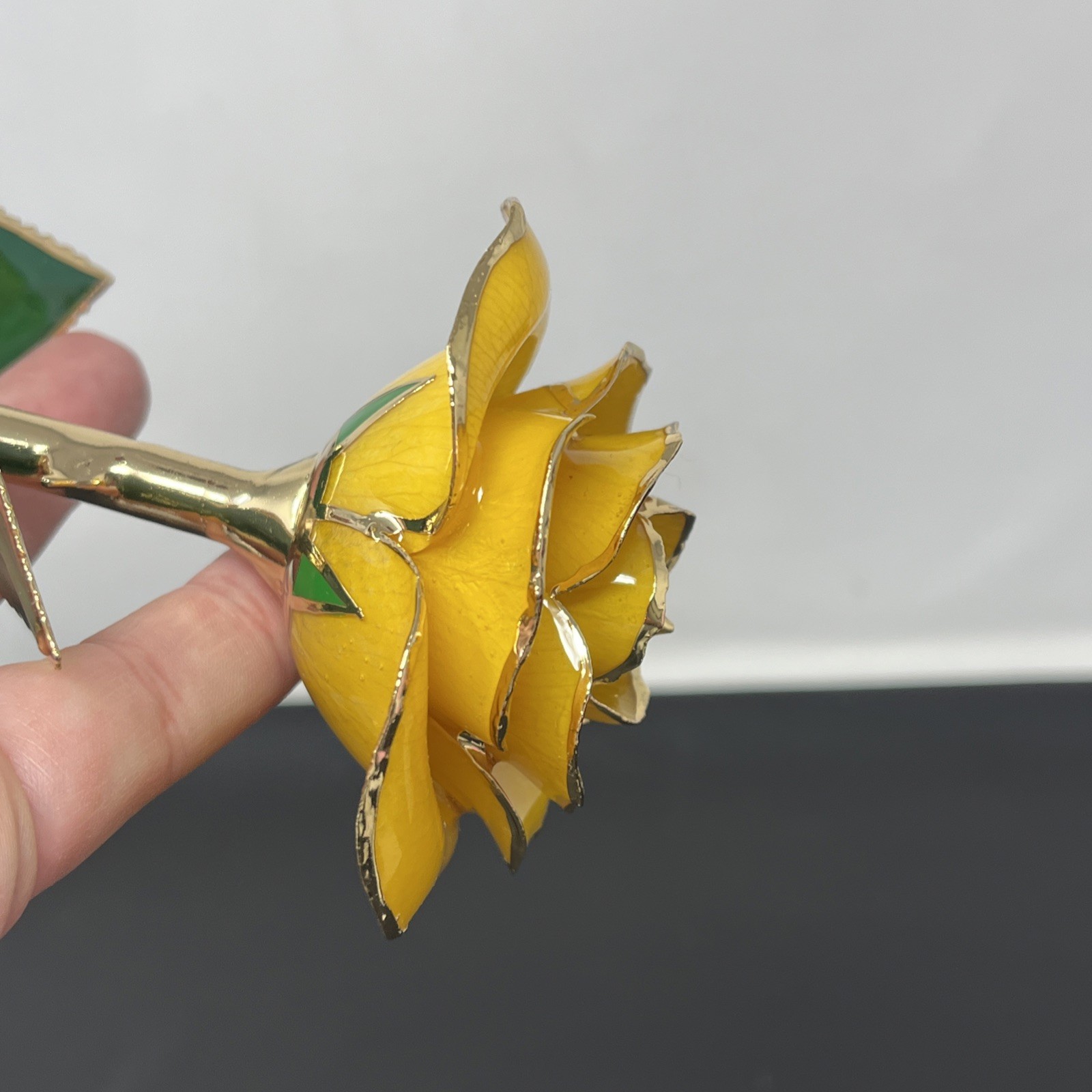 Handcrafted Preserved Yellow Rose Gloss Laquered With 24K Gold Plated Trimmed