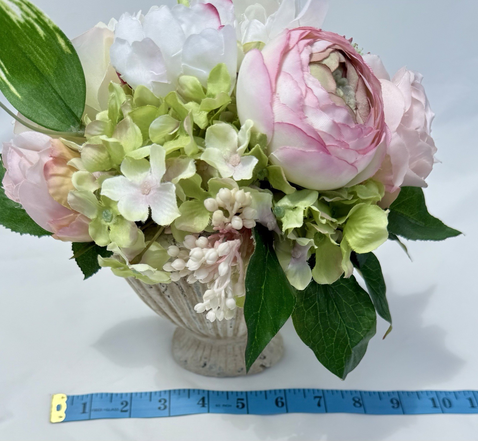 Faux Flower Arrangement in Fluted Urn Vase Cottage Decor