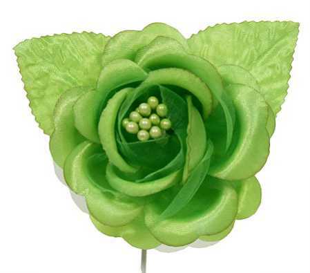 Apple Green Satin Roses with Leaves – Package of 12