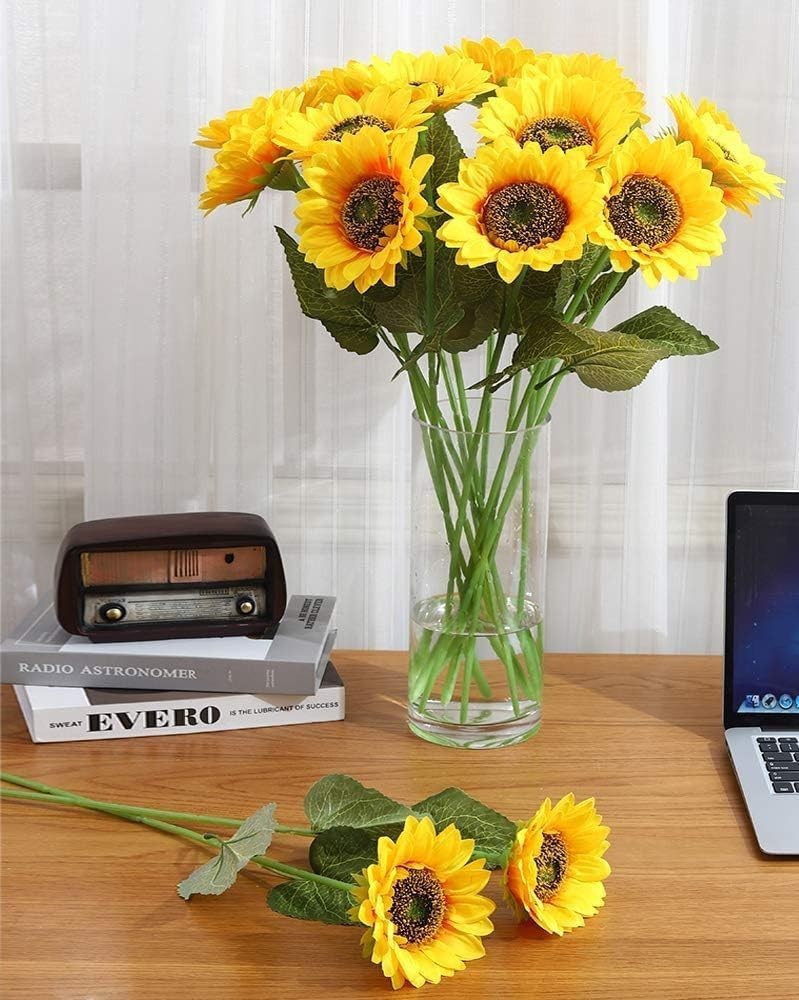 Artificial Sunflower Flowers Long Stem Silk Fake Large Sunflowers Decoration for