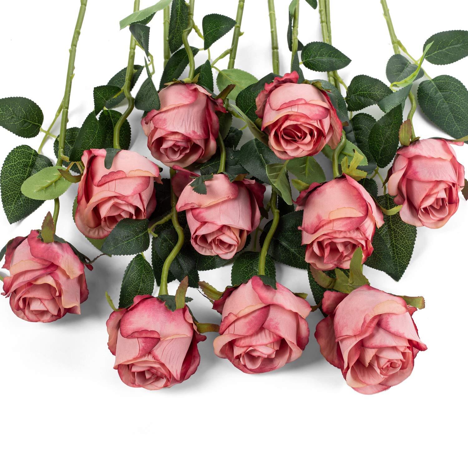 Flojery 10pcs Artificial Rose Flowers Long Stem Fake Silk Roses for DIY Weddi…