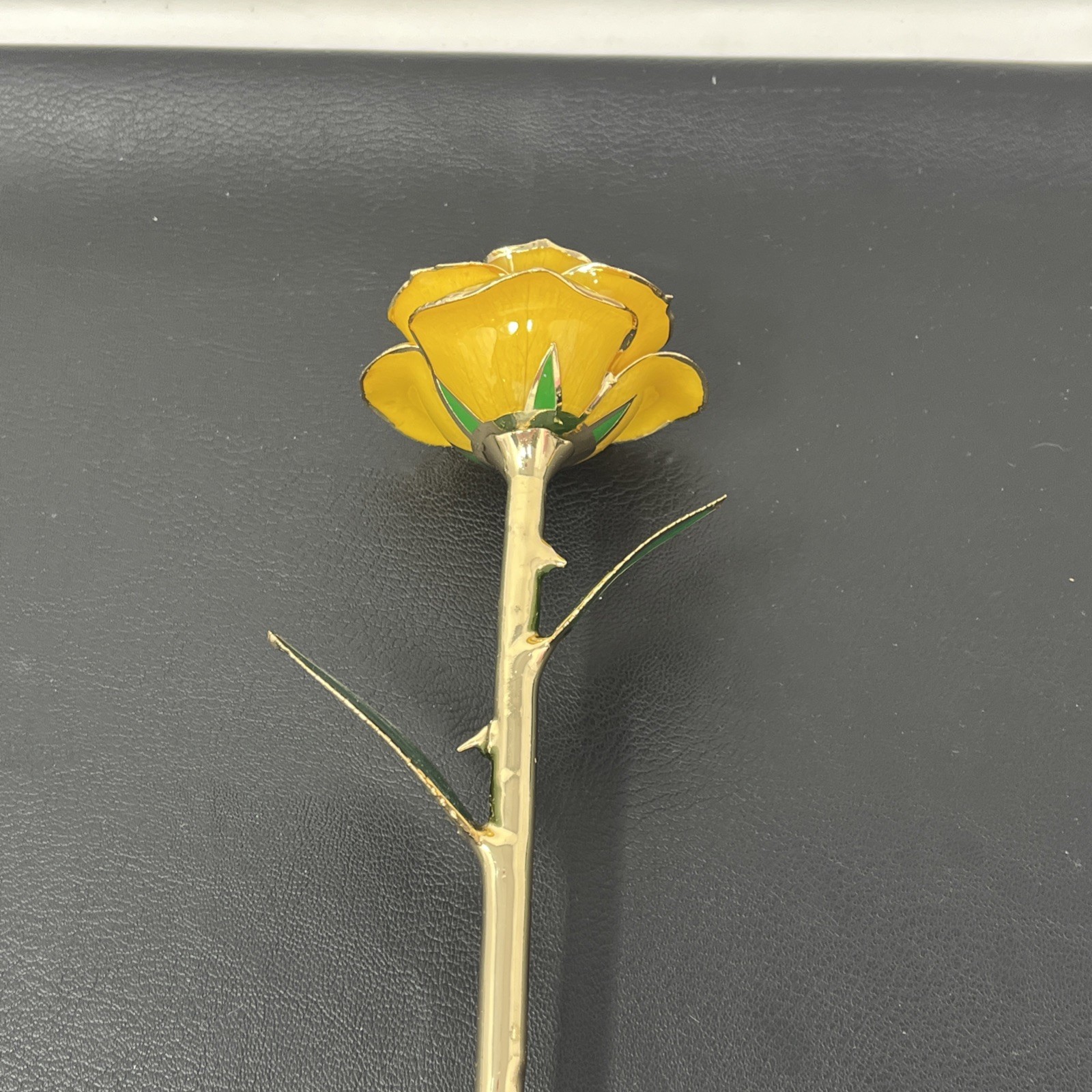 Handcrafted Preserved Yellow Rose Gloss Laquered With 24K Gold Plated Trimmed