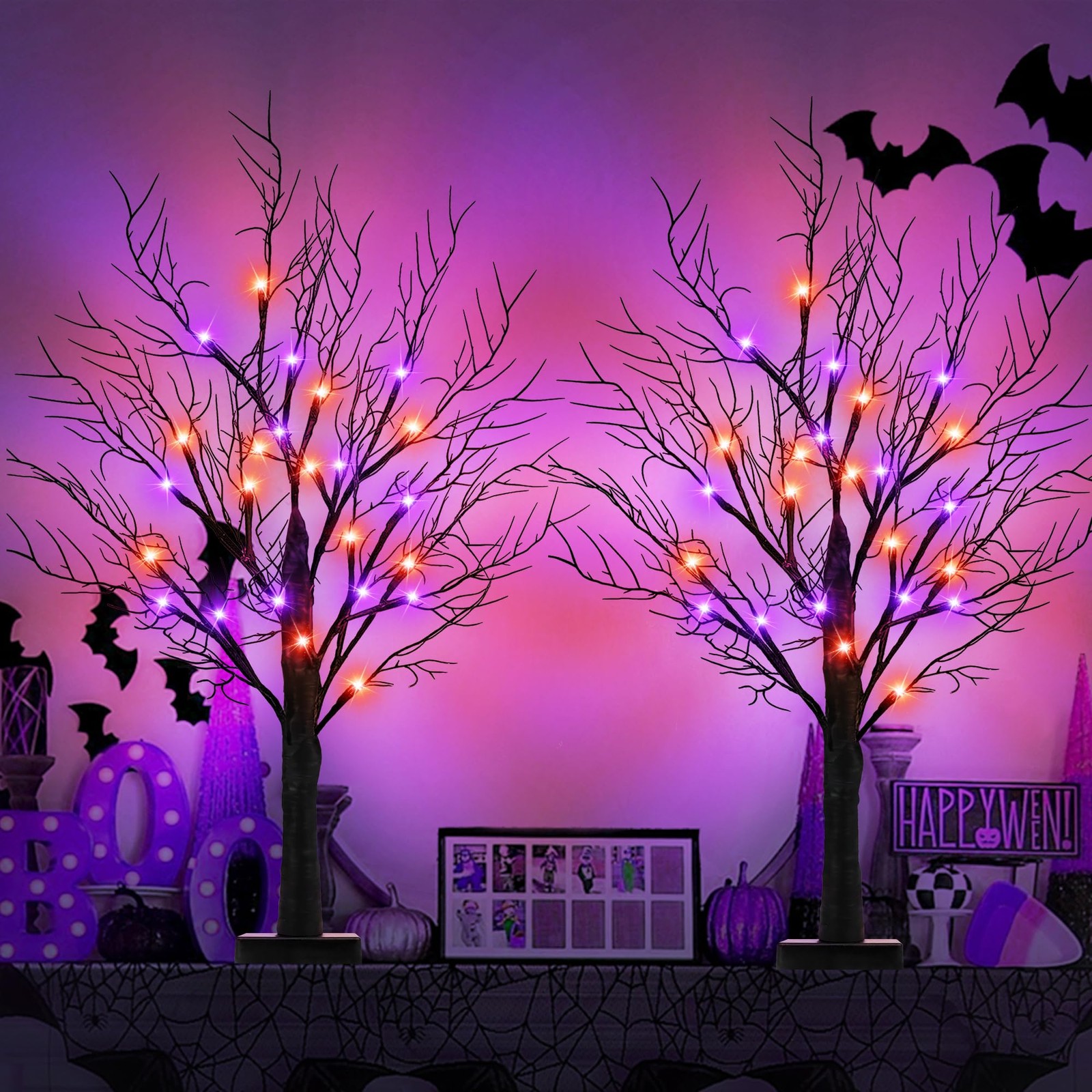 Halloween Decorations 2 Pack 24 Inch Halloween Tree 24 Orange & Purple Lights