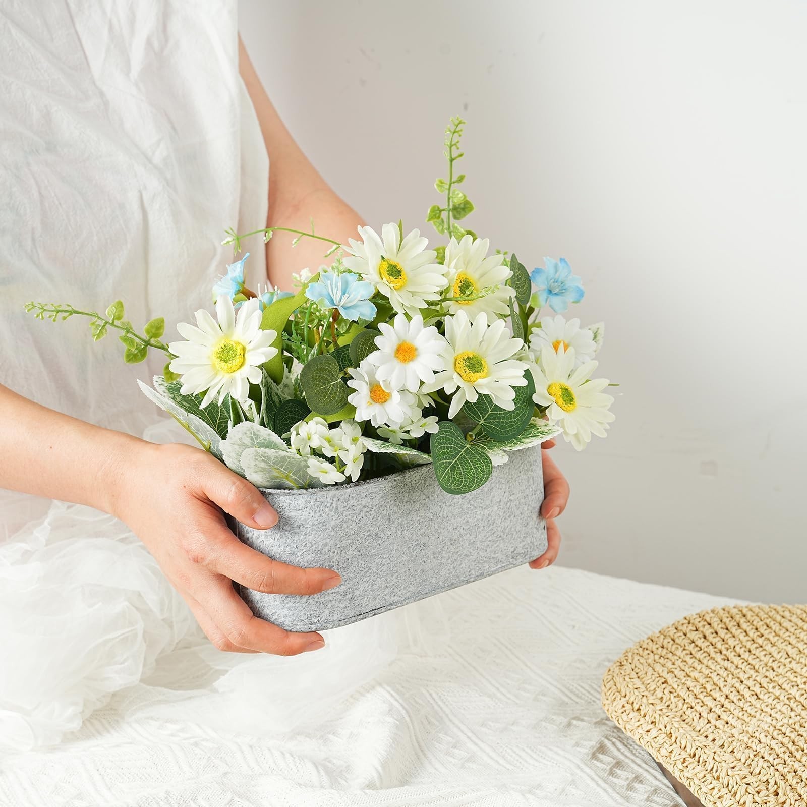 Floral Centerpieces for Tables, 12 Inch Small Artificial Flowers in Metal Pot…