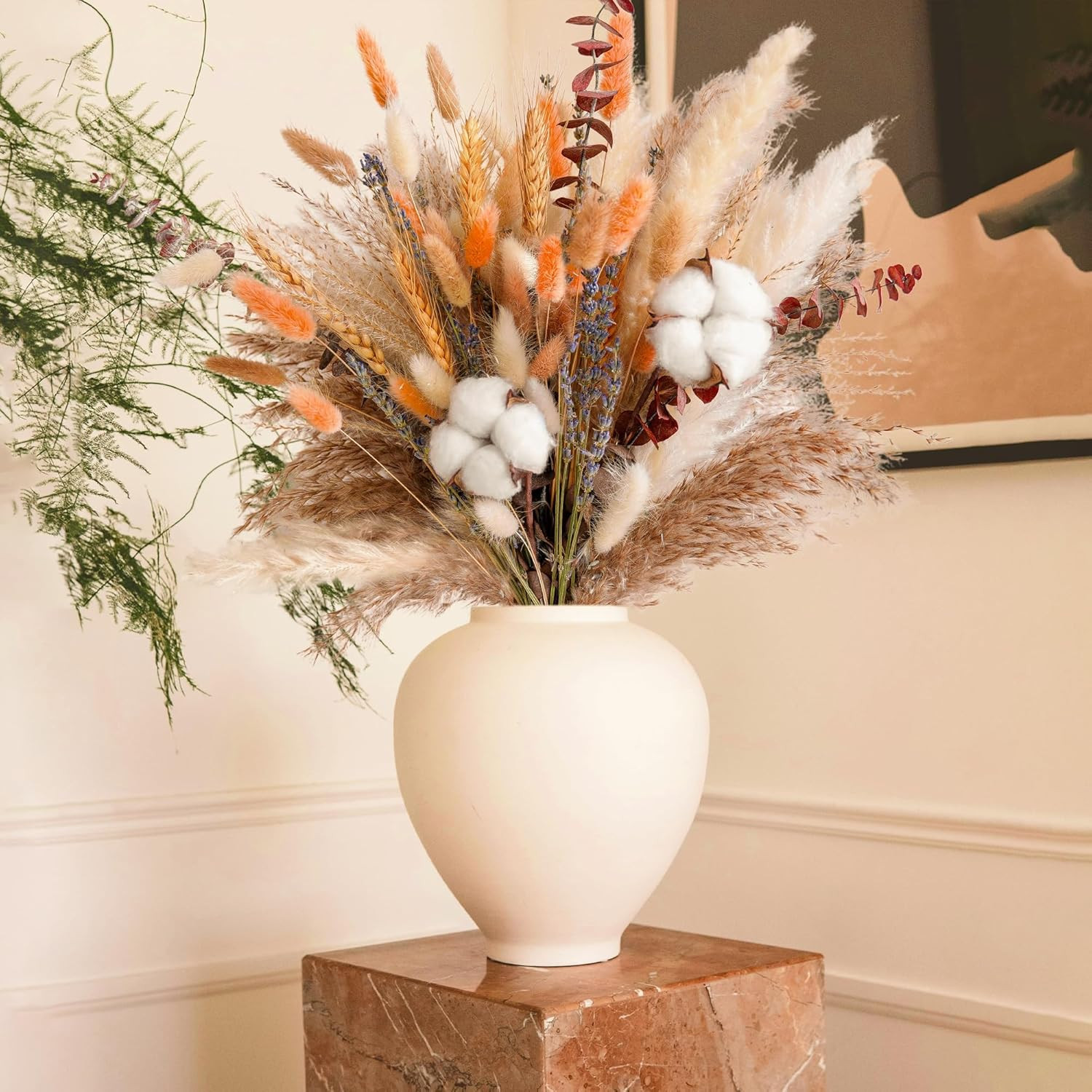 Fall Dried Flower Bouquet – Boho Fall Decor with Pampas Grass, Cotton, and Orang