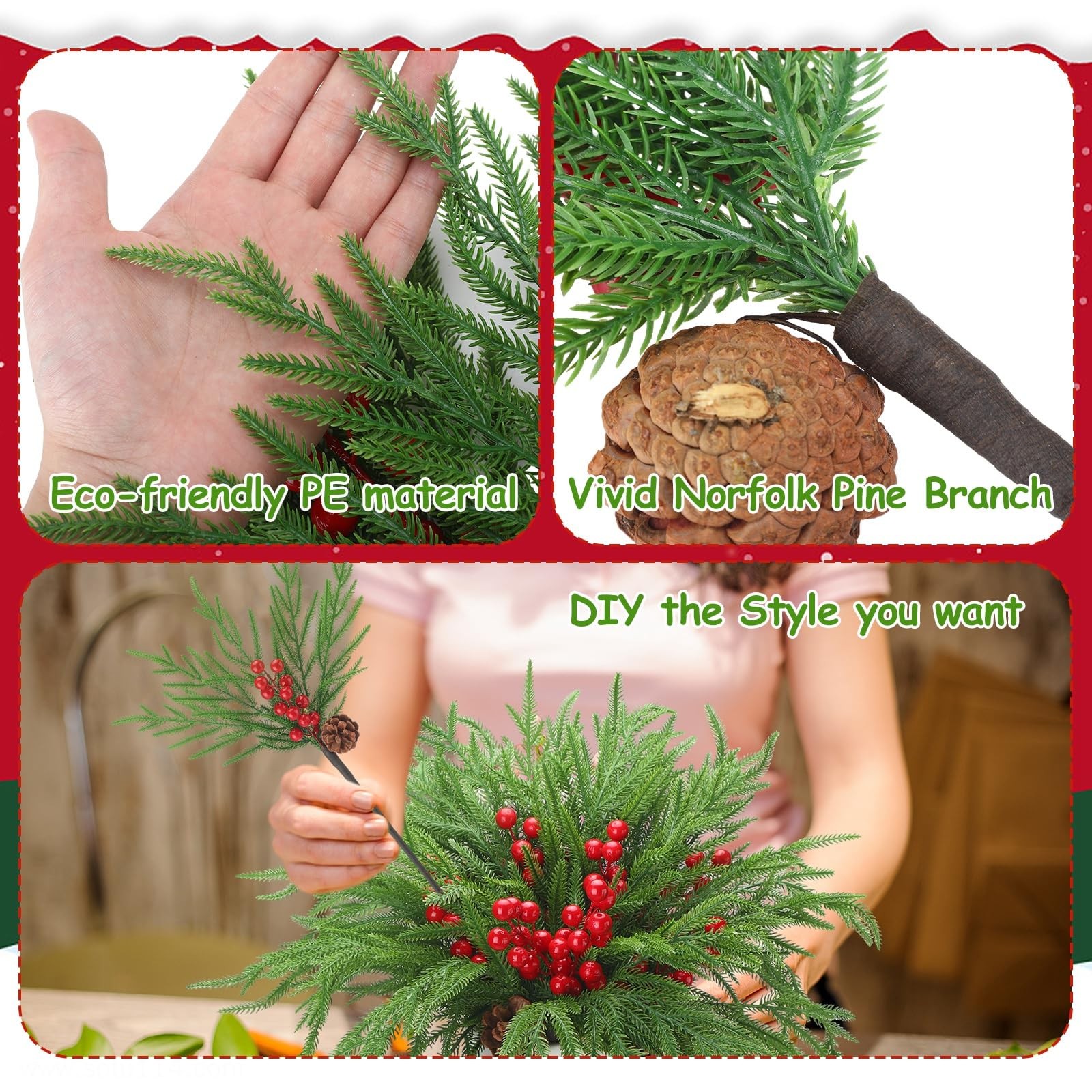 Riceshoot 12 Pcs Norfolk Pine Branches with Red Berries Pine Cones 17.7″ Green
