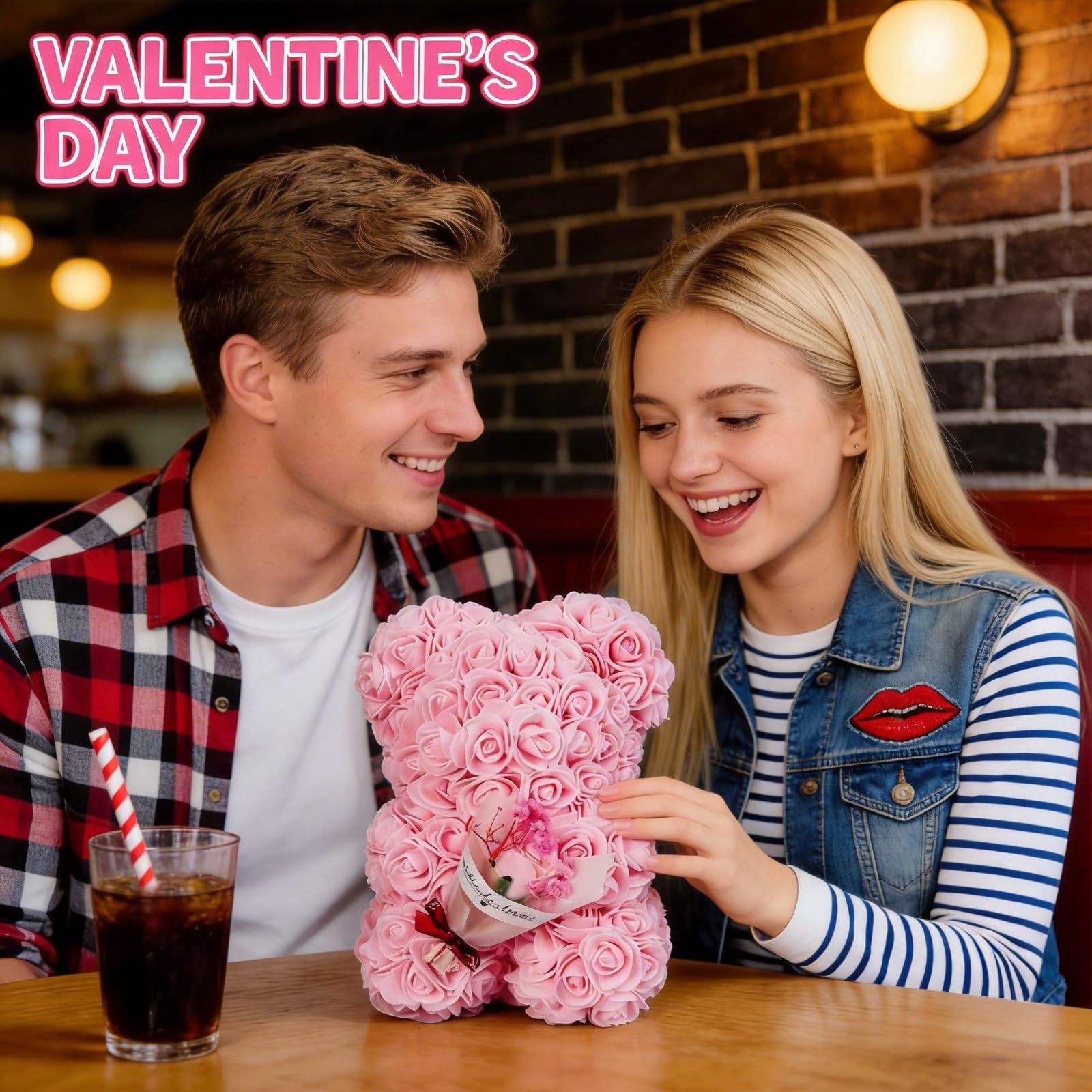Valentines Rose Bear for Her, Artificial Floral Teddy Bear with Bouquet Perfe…