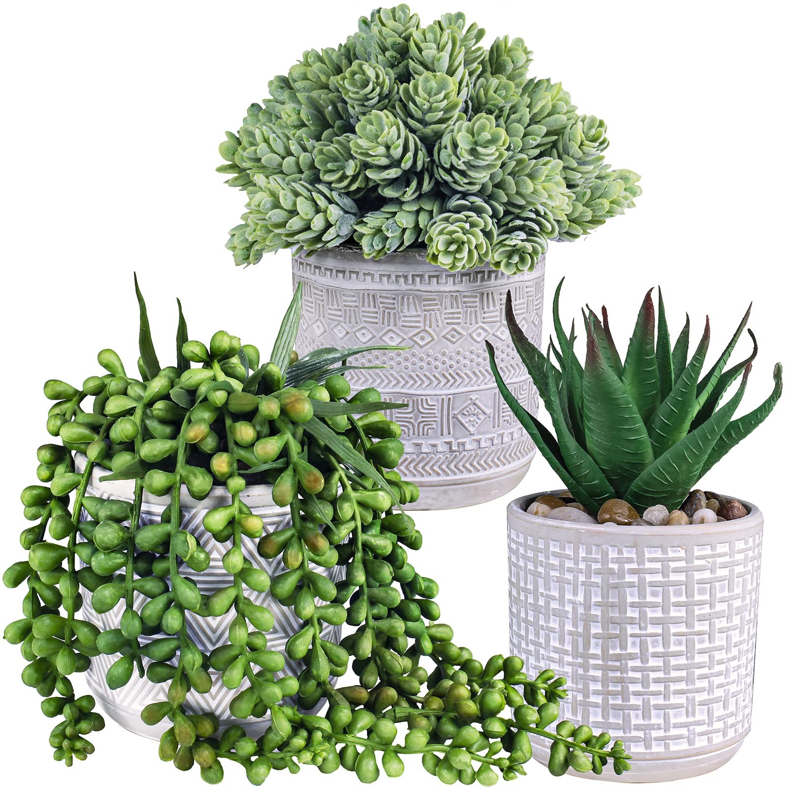 Set of 3 Assorted Small Potted Succulent Plants Fake Aloe String of Pearls Ho…