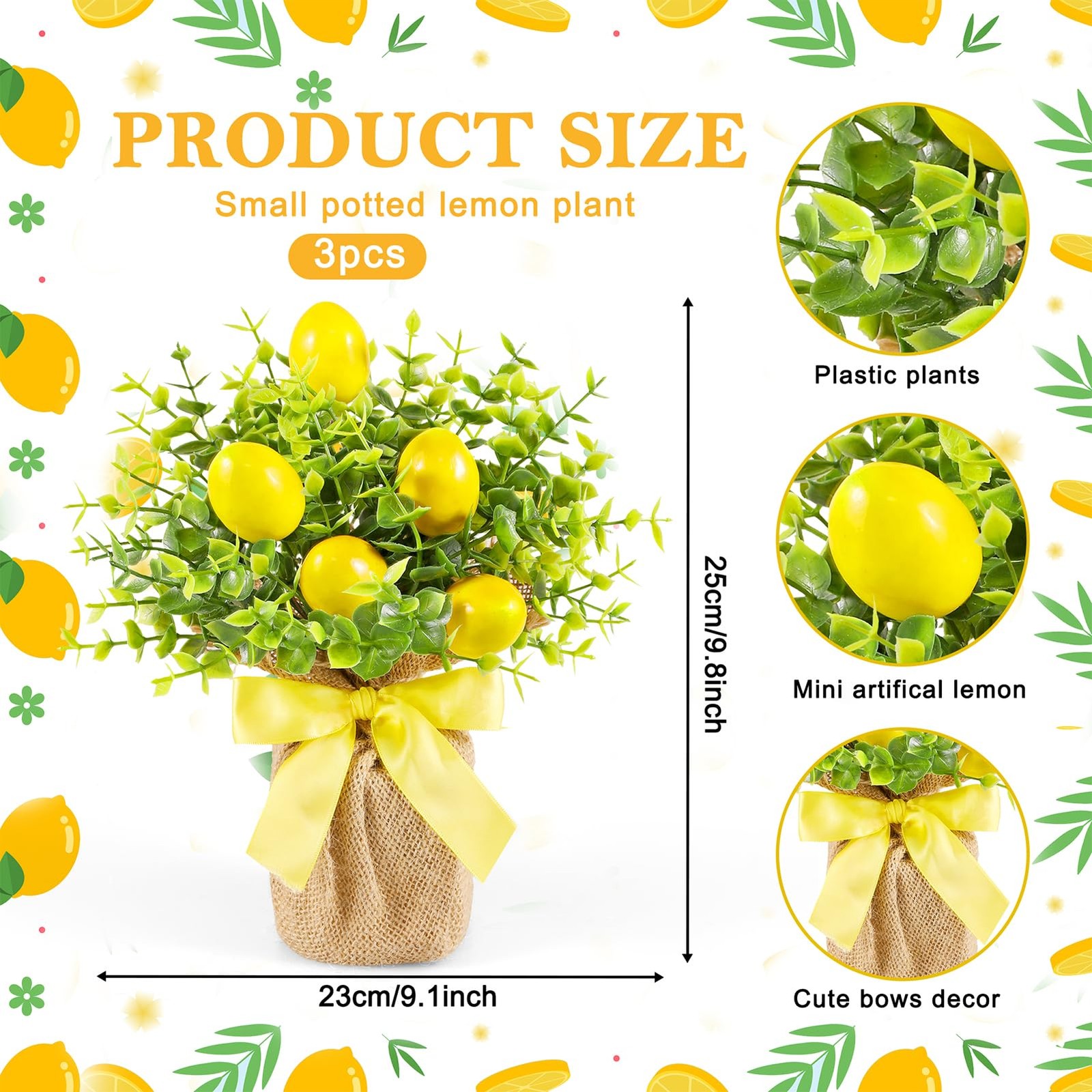 3 Pack Artificial Potted Lemon Flowers Plastic Faux Lemons in Small Burlap Ba…