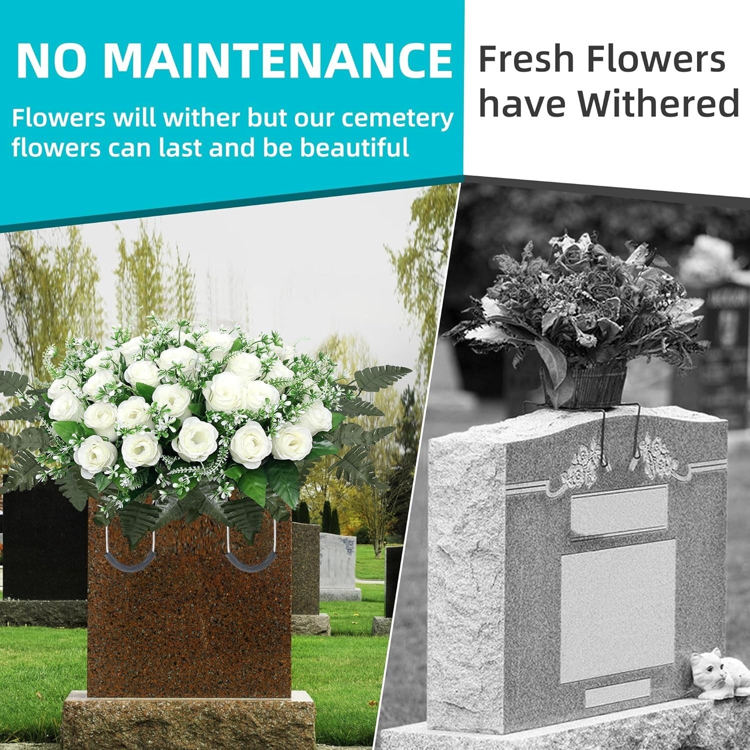 Headstone Flower Saddle Large White Artificial Roses for Cemetery Grave Decor