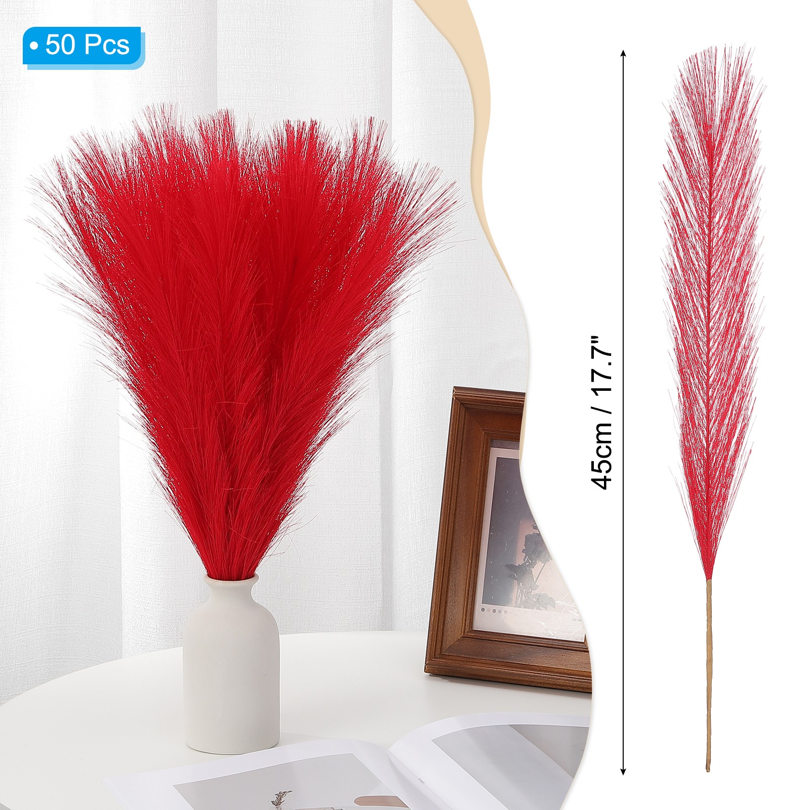 17.7in Pampas Grass Decor, 50pcs Artificial Pampas Grass Bulk, Red