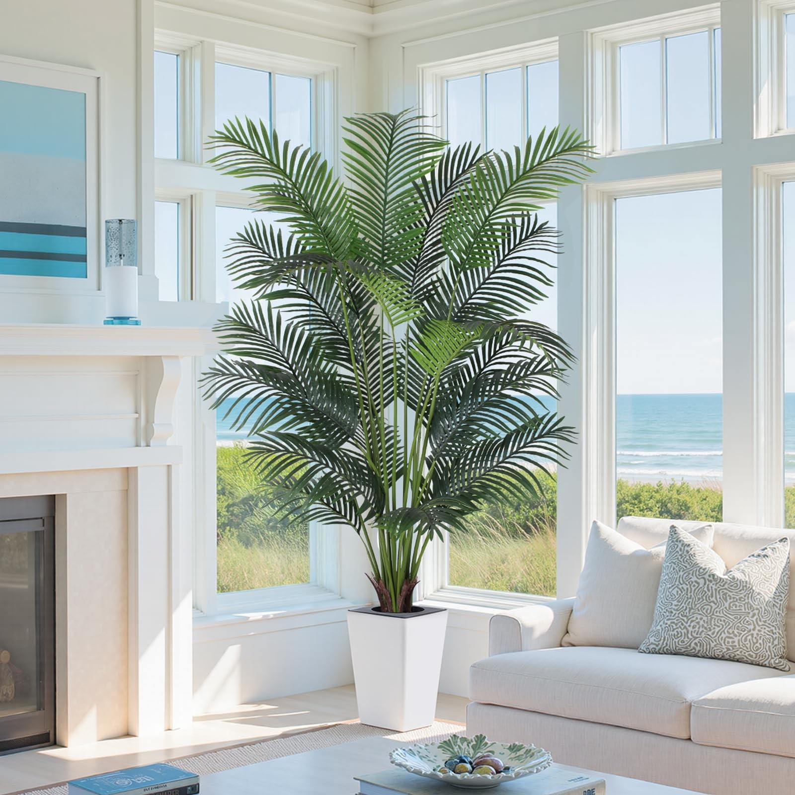 Artificial Palm Tree with White Tall Planter, 7ft Tall Potted Artificial Silk…