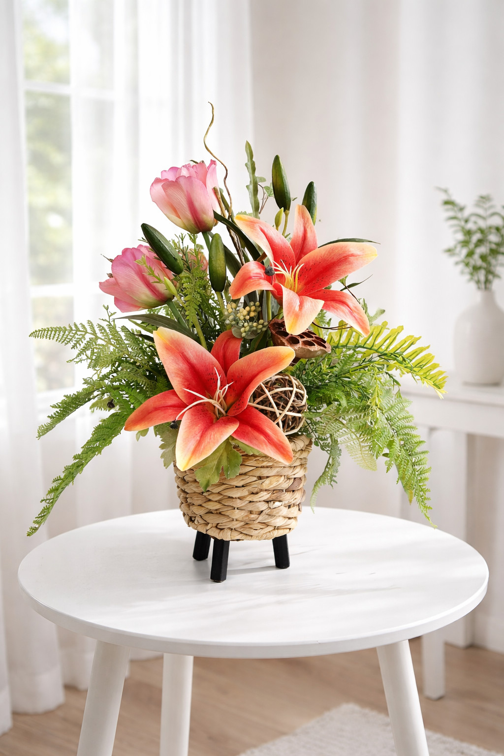 Orange Lily & Pink Tulip Arrangement: Spring Basket Floral, Silk Floral Decor