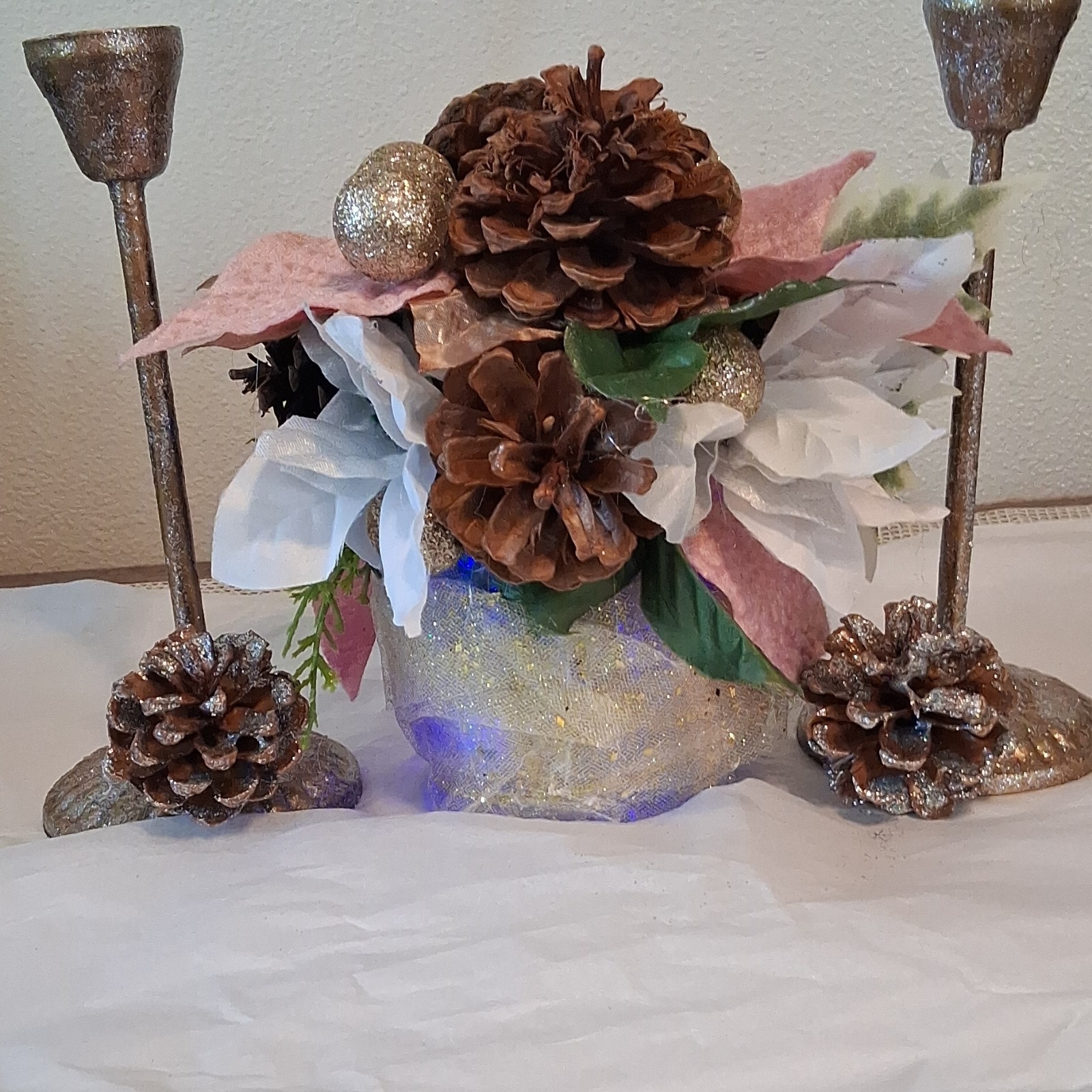 Artificial Pinecone Arrangement Centerpiece, Brown White Gold Green Pink