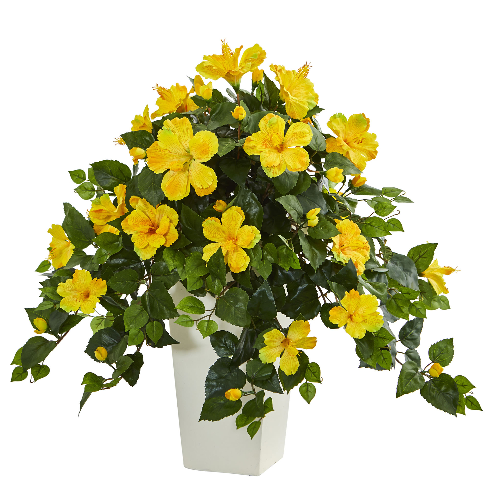 Hibiscus faux Plant White Tower Planter Natural Decor Yellow