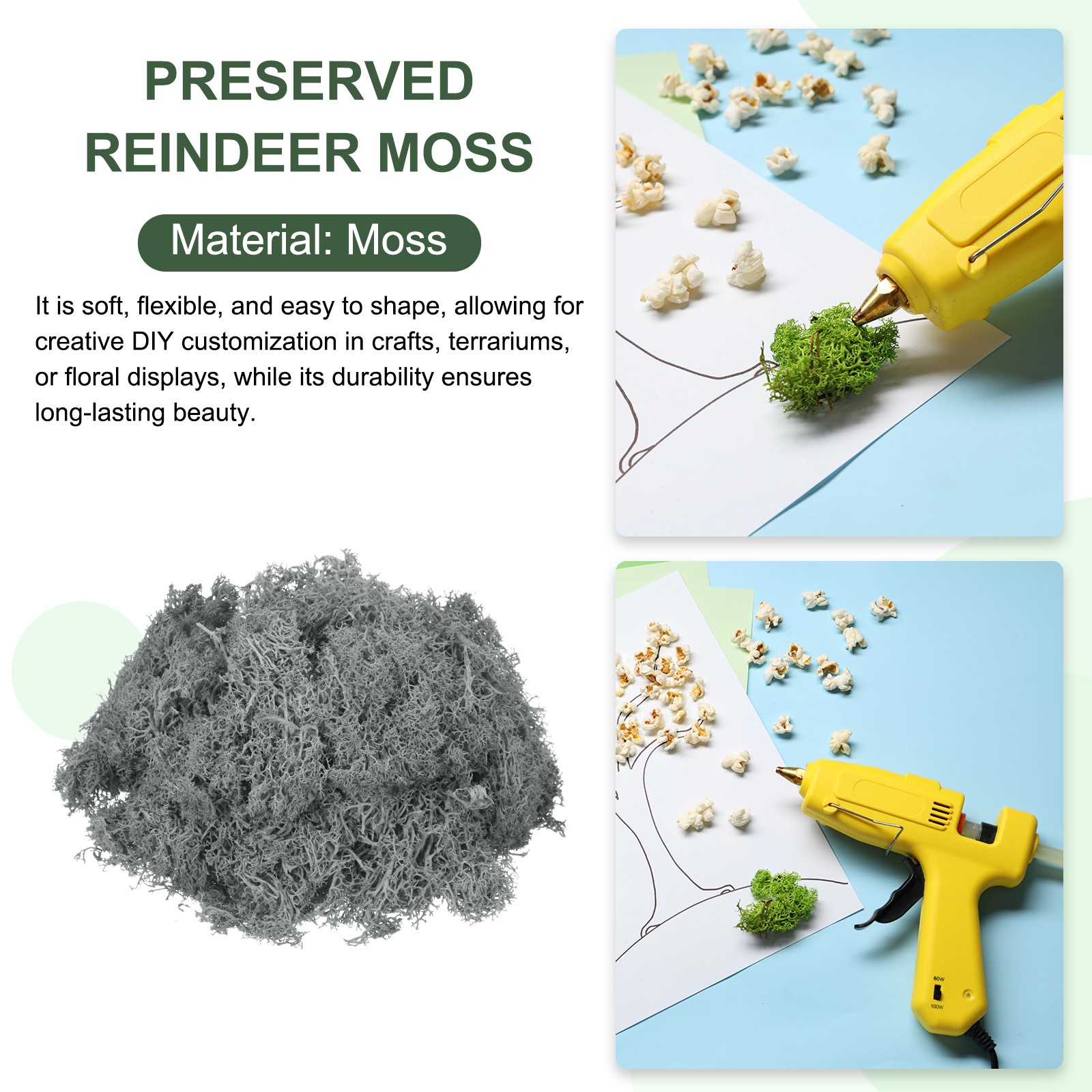 4.6oz Preserved Reindeer Moss, Grey Decorative Artificial Fake Moss