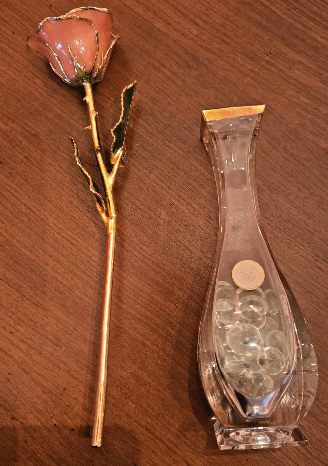 24K Gold Dipped Lacquered Pink Rose with Italian Lead Crystal Bud Vase EXCELLENT