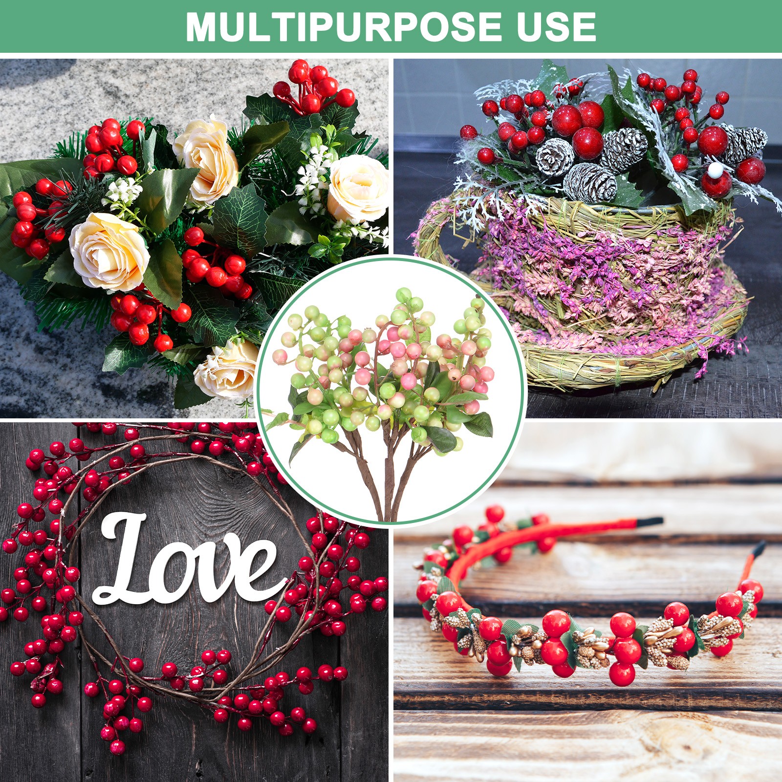 3-Pack Artificial Berry, 9.8 Inch for Home Decor/Wedding [White Pink]
