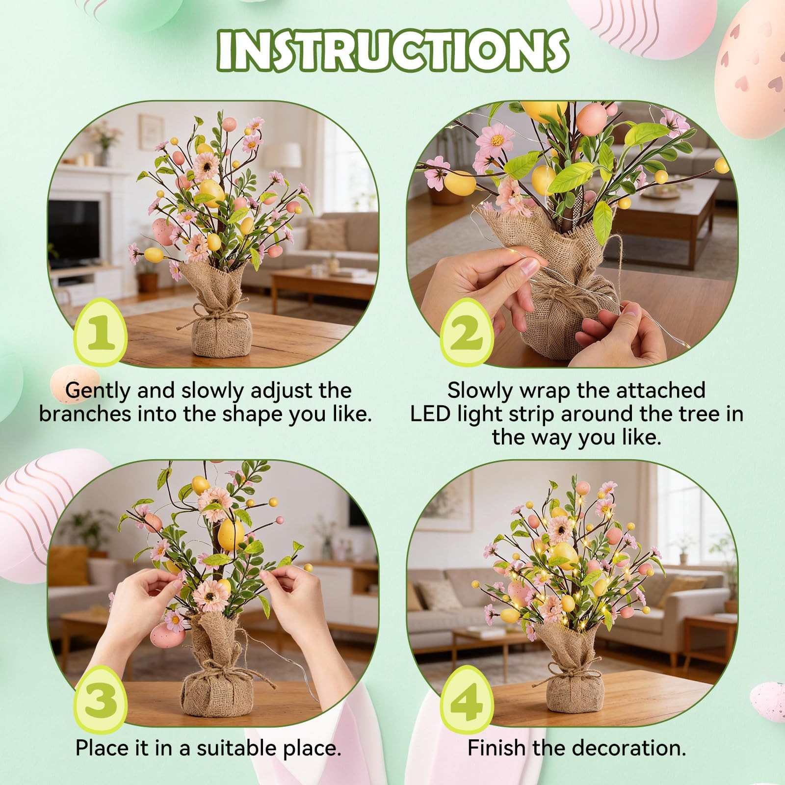 PreLit Easter Egg Tree Tabletop Decor With Ornaments Pink Lighted Tree