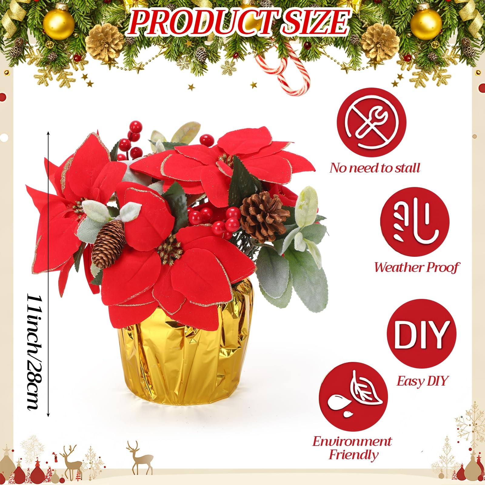 2 Packs Poinsettias Artificial Flowers for Outdoors 11” Faux Artificial Flow…