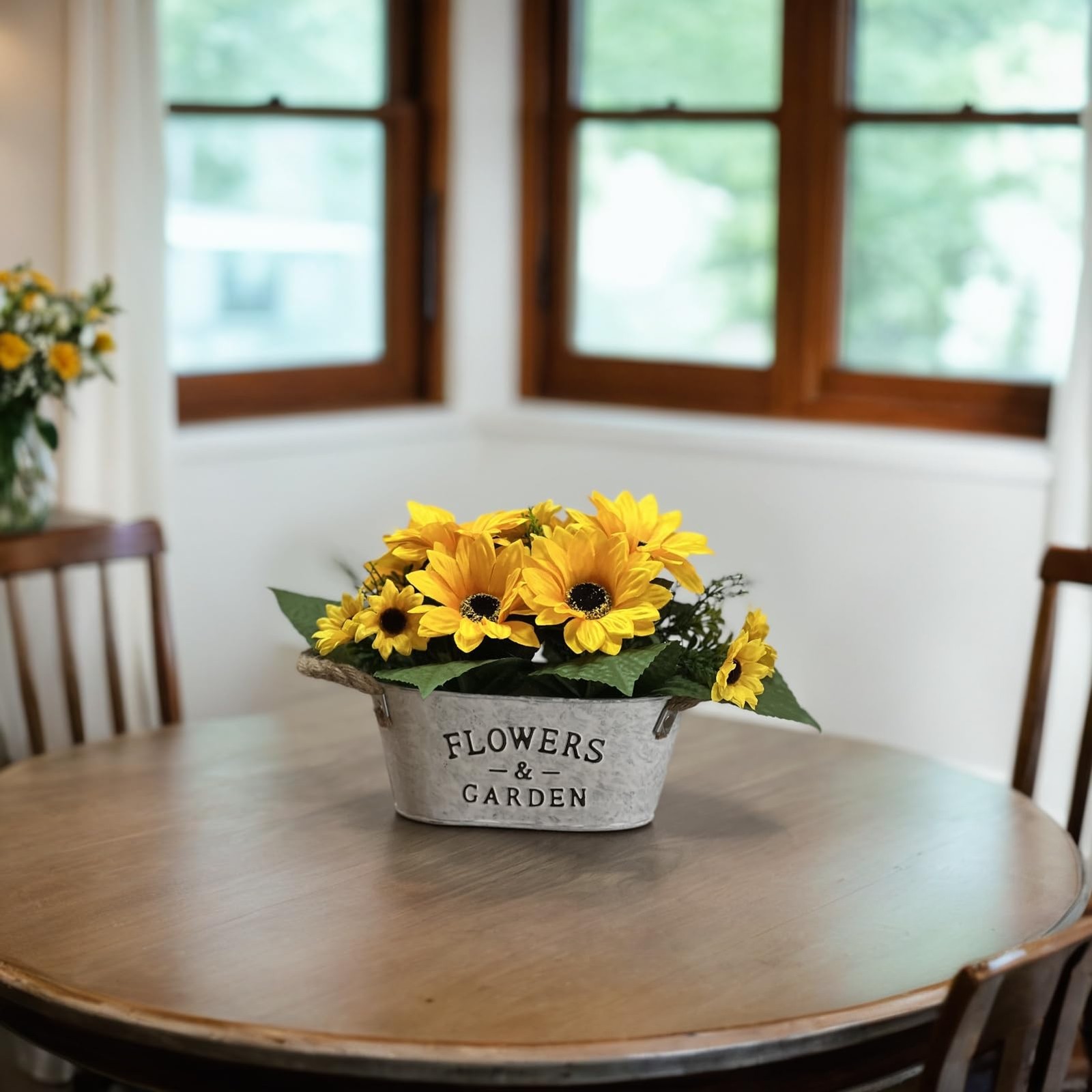 Artificial Flowers in Pot 8″ Tall Faux Silk Sunflowers with Metal Planter, Fa…