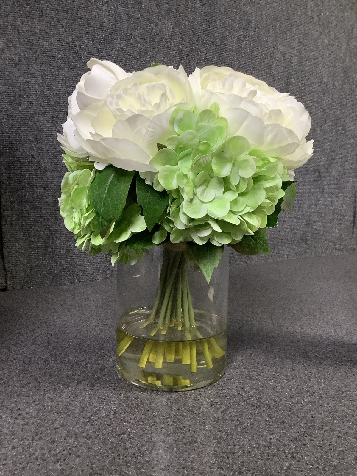13″ Artificial Peony Arrangement Glass Faux Water White/Green M7A