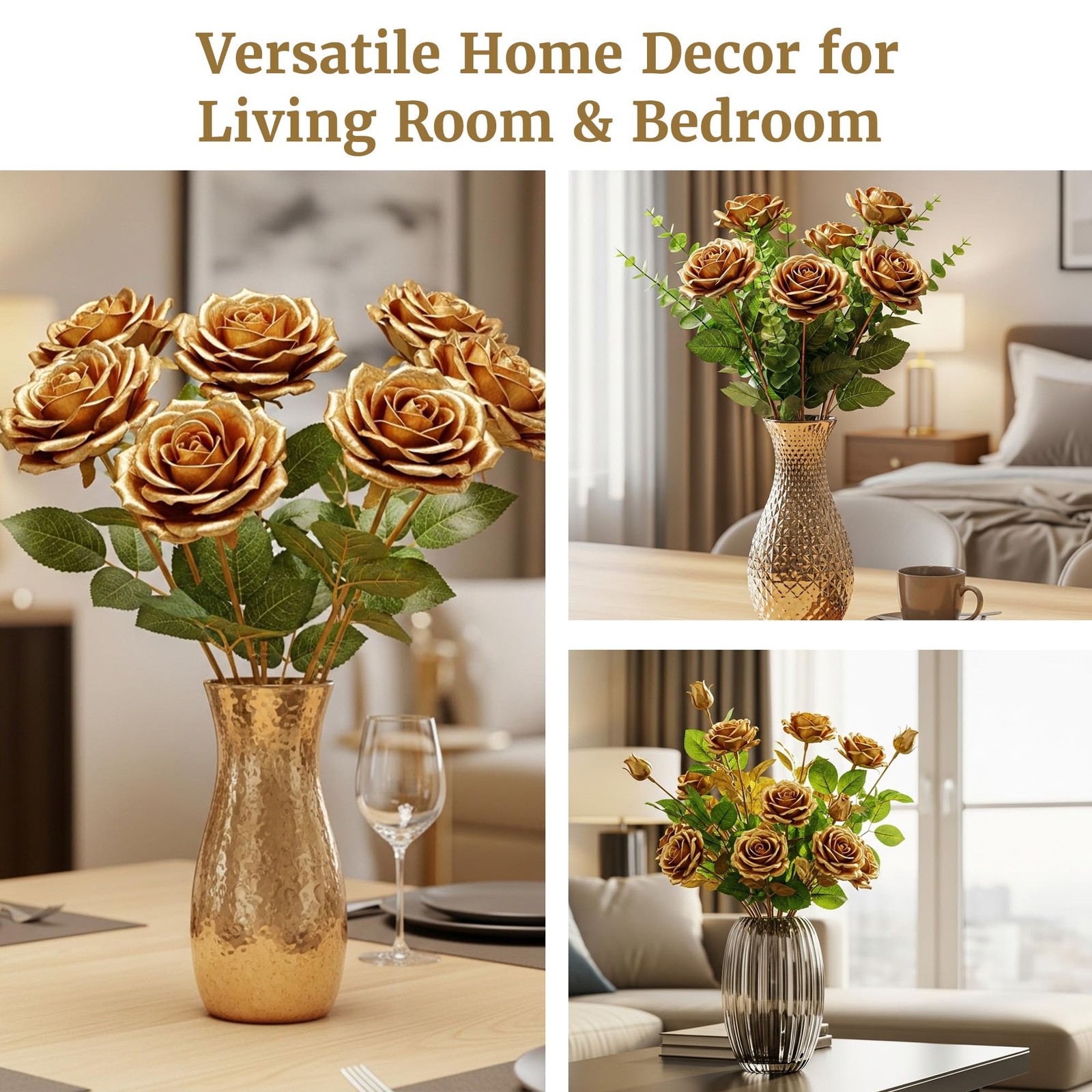 60 PCS Gold Rose Artificial Flower Faux Silk Realistic Bouquet Wedding Decor
