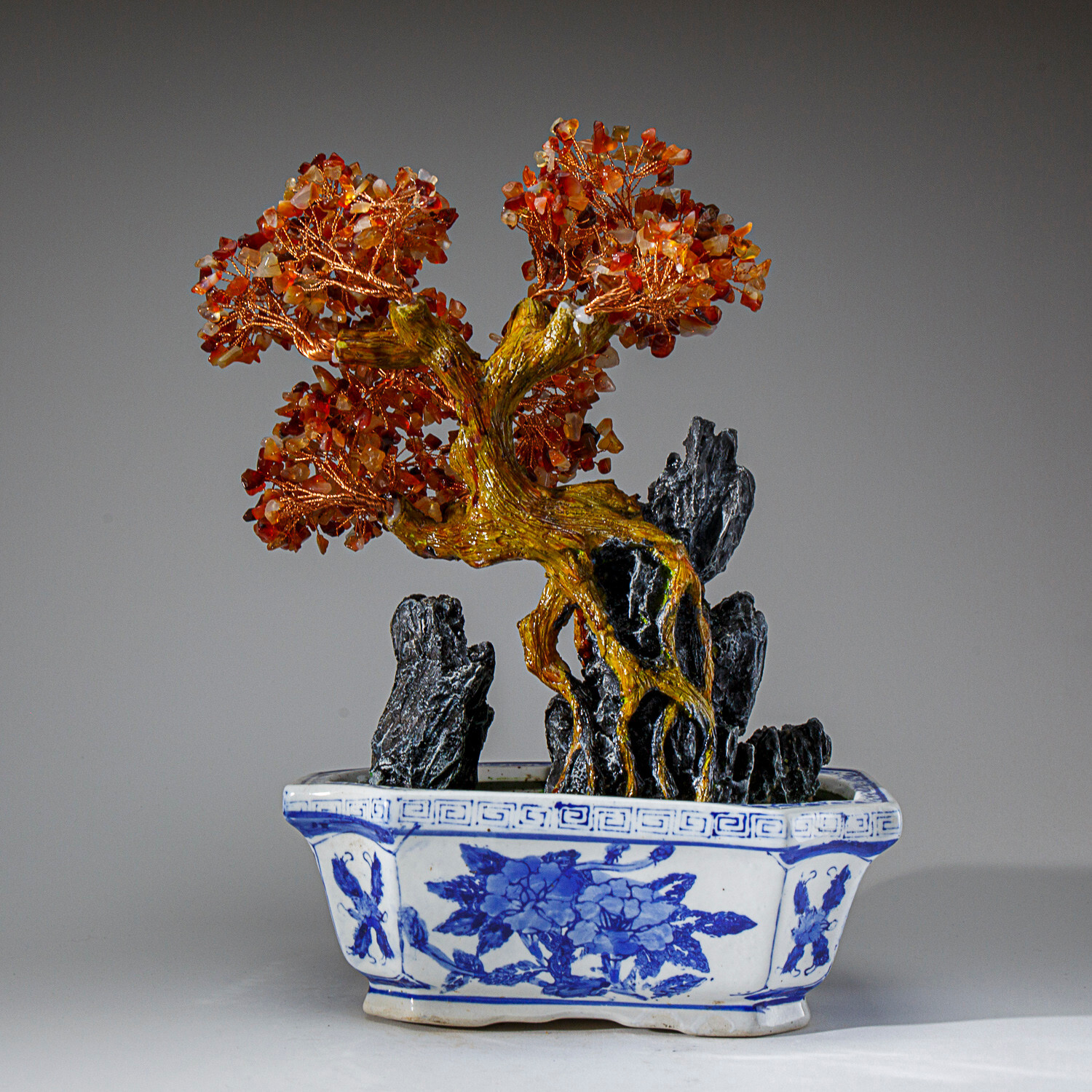 Genuine Carnelian Bonsai Tree in Square Ceramic Pot (13” Tall)