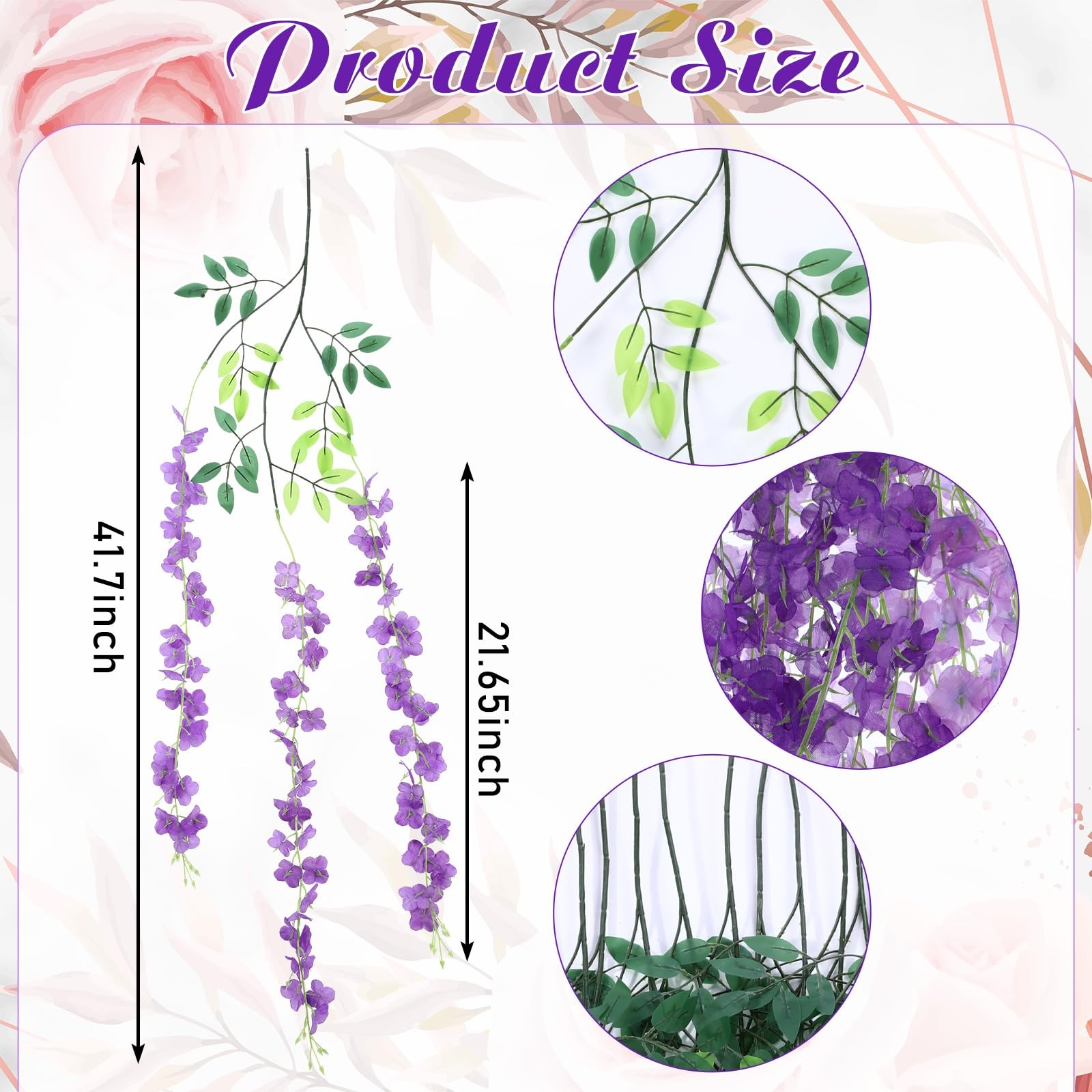 48 Pcs Wisteria Hanging Flowers 3.5 ft Artificial Wisteria Garland Purple & W…