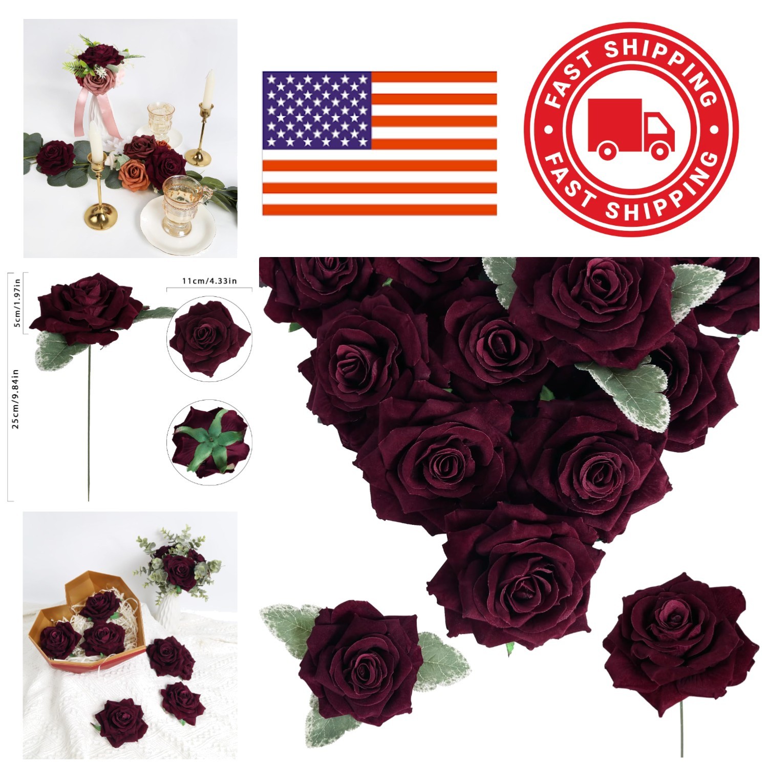 Lifelike Burgundy Roses 16pcs 4.3 Inches for Floral Arrangements Indoor Outdoor